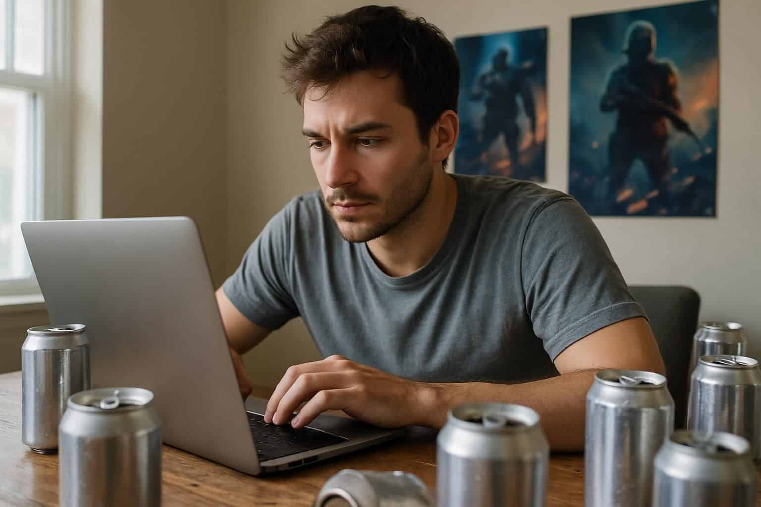 A man in his late 20s with a focused expression working on his laptop in cluttered room. A man in his late 20s with a focused expression working on his laptop in cluttered room.