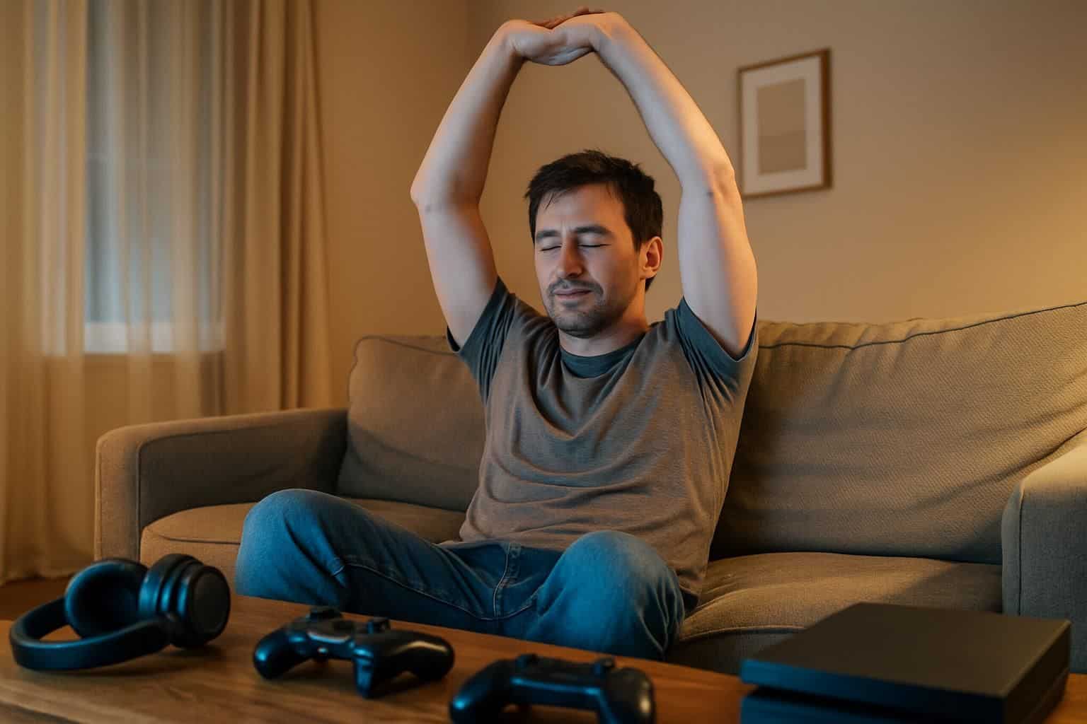 A man relaxes on a couch, surrounded by gaming equipment and enjoying a serene living room. A man relaxes on a couch, surrounded by gaming equipment and enjoying a serene living room.