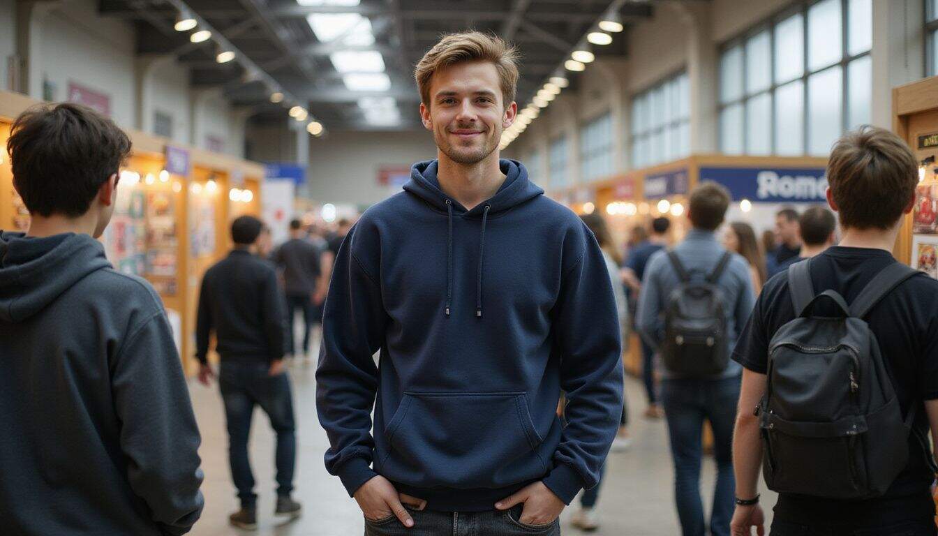 A young man confidently walks through a crowded anime convention, wearing a hoodie and faded jeans. A young man confidently walks through a crowded anime convention, wearing a hoodie and faded jeans.