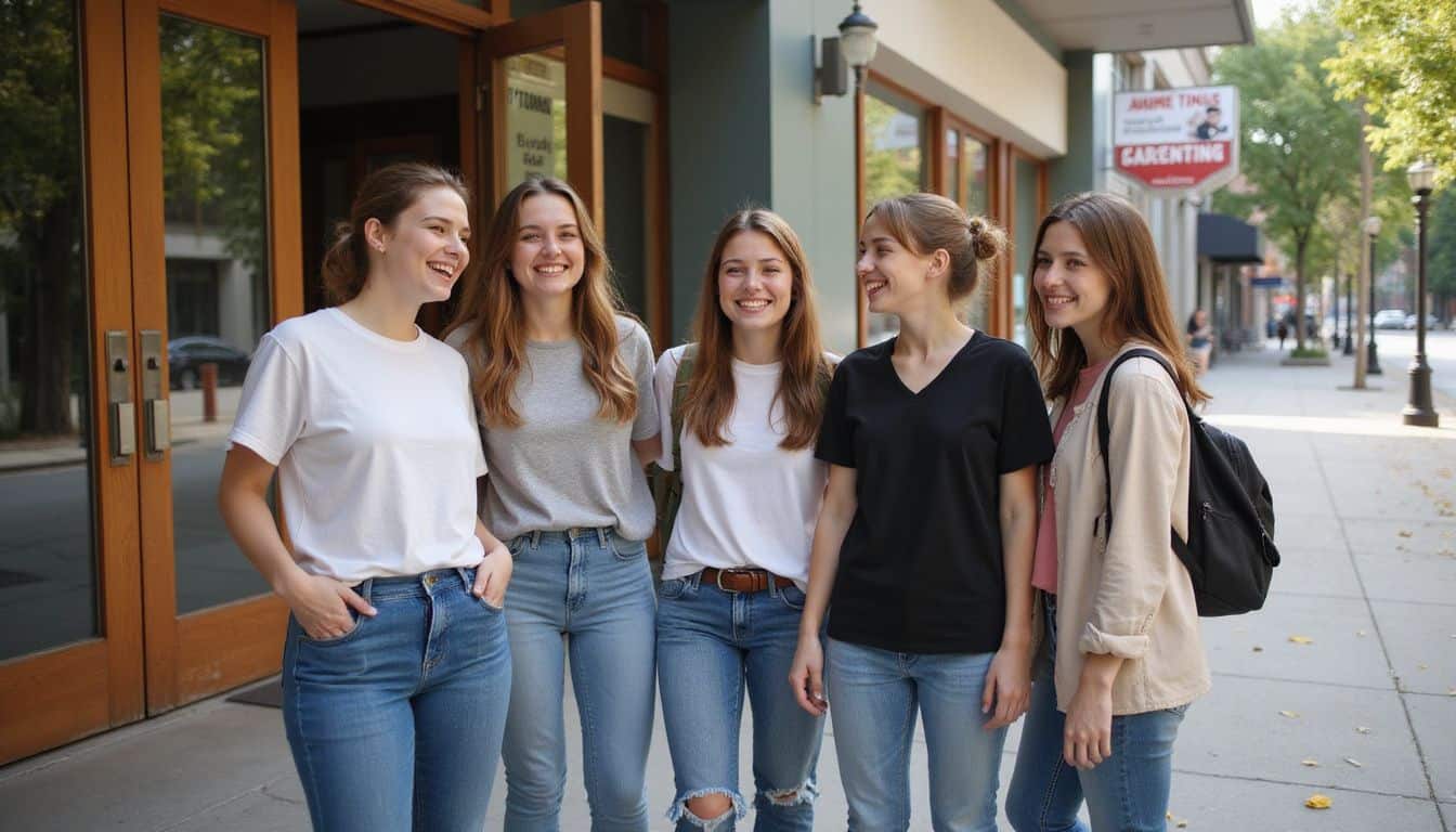 Five friends in casual clothing stand in front of a modern hotel, expressing joy and anticipation. Five friends in casual clothing stand in front of a modern hotel, expressing joy and anticipation.