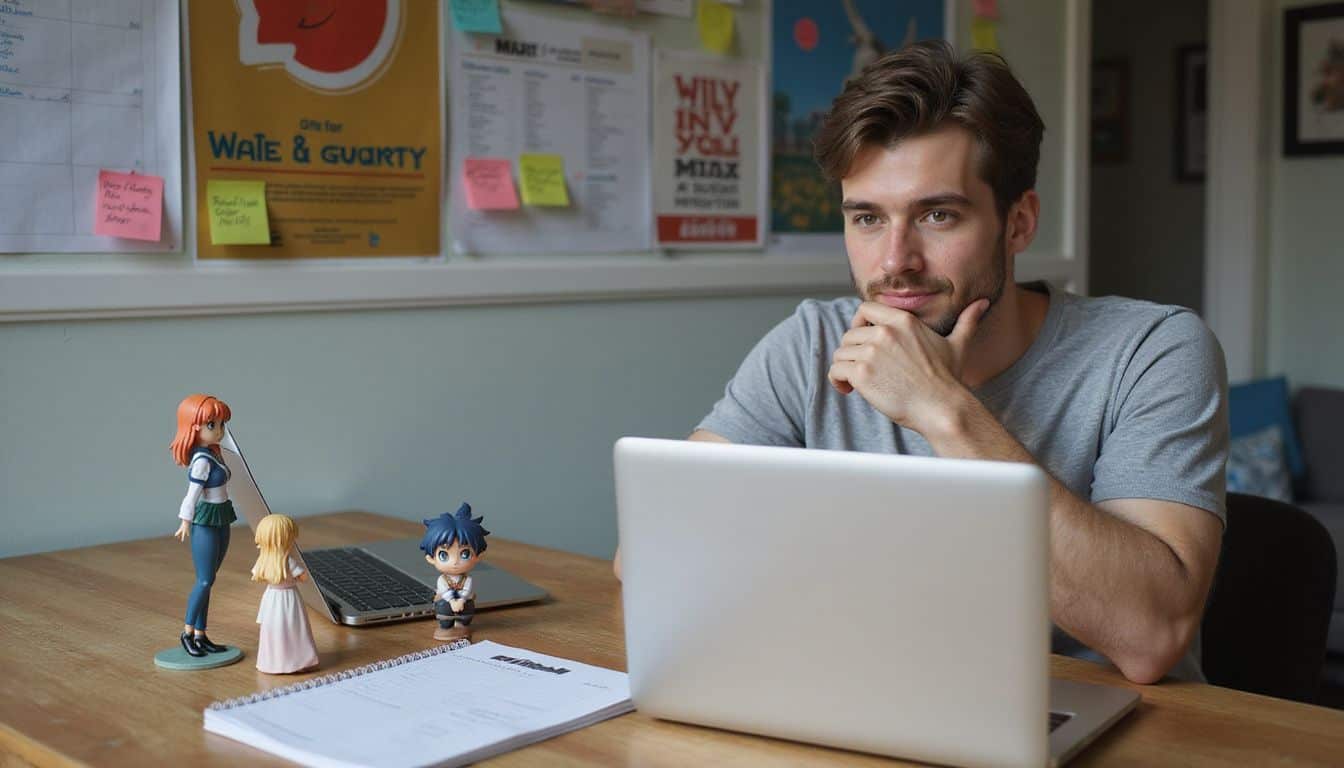 An open laptop, anime figurines, and a marked calendar indicate anticipation for an upcoming convention. An open laptop, anime figurines, and a marked calendar indicate anticipation for an upcoming convention.