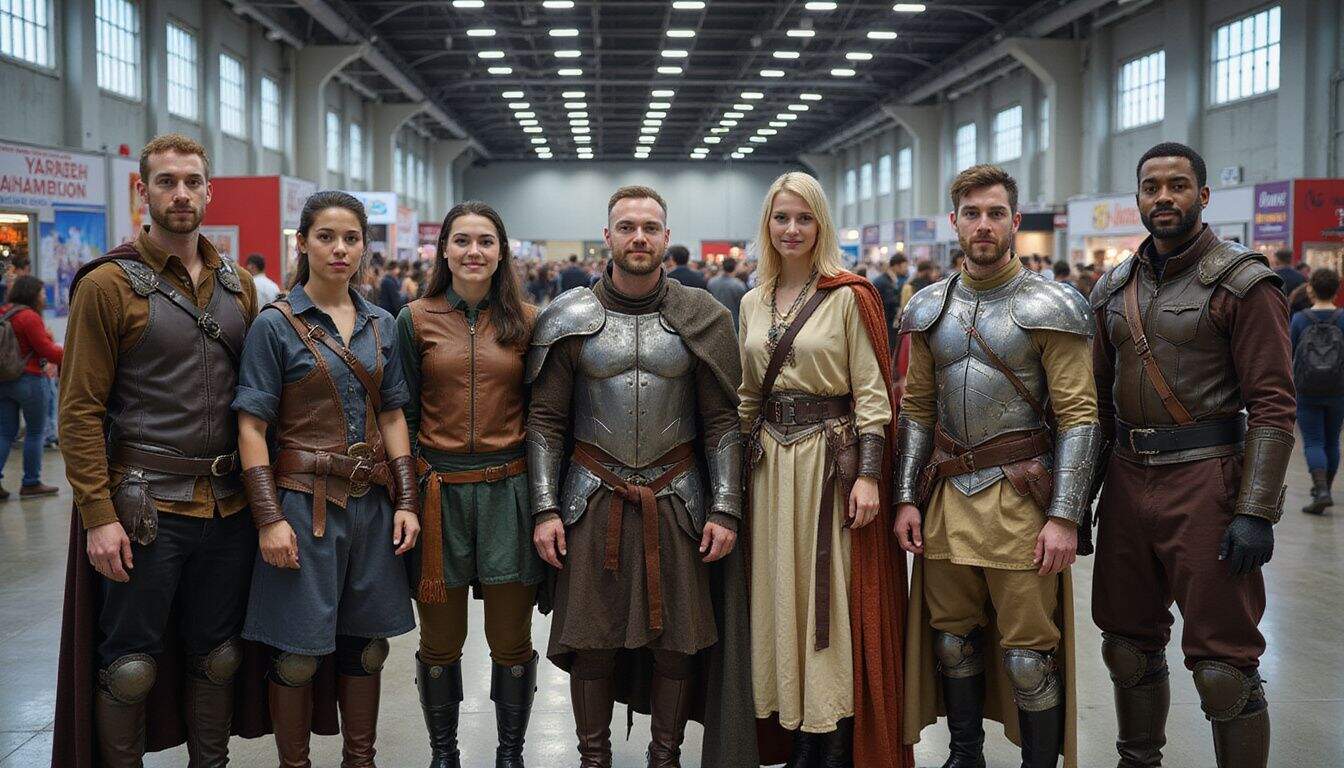 A group of cosplayers in intricate costumes stand in a bustling convention center. A group of cosplayers in intricate costumes stand in a bustling convention center.