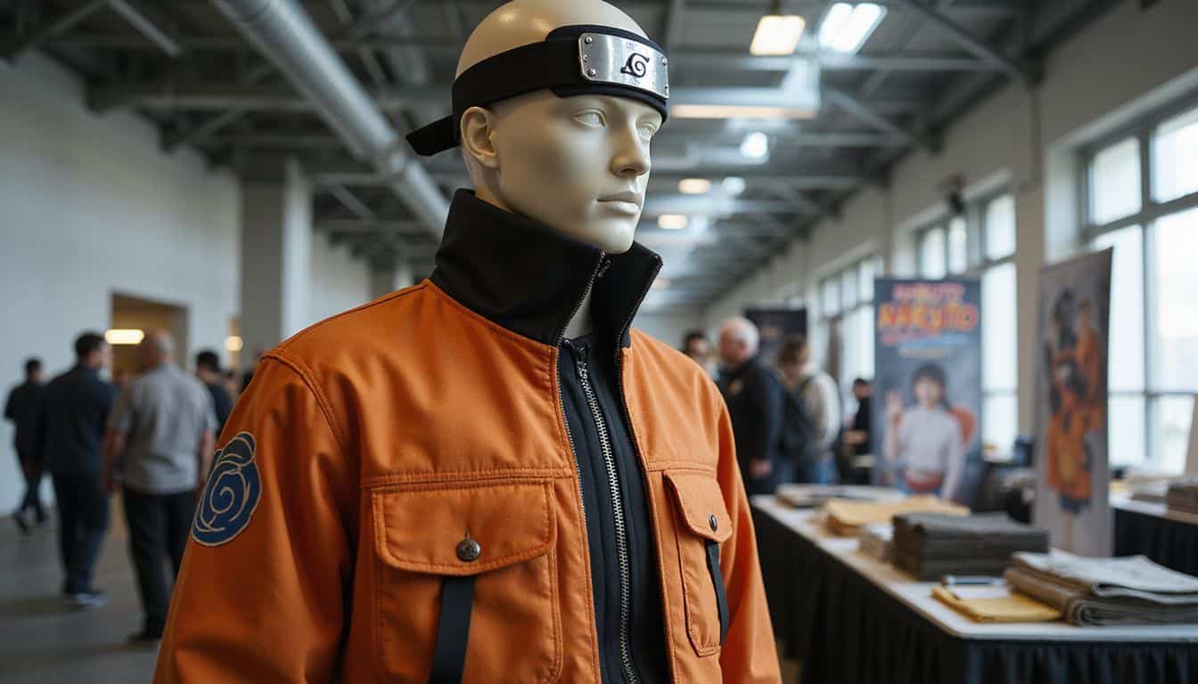 A high-quality Naruto cosplay costume displayed on a lifelike mannequin at a convention booth. A high-quality Naruto cosplay costume displayed on a lifelike mannequin at a convention booth.