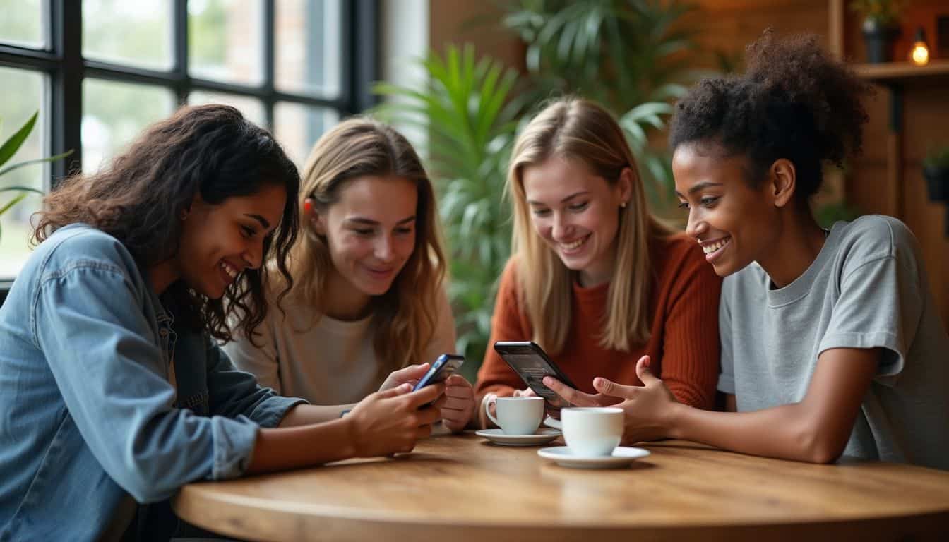 A group of young adults socializing and sharing content on their smartphones in a cozy café setting. A group of young adults socializing and sharing content on their smartphones in a cozy café setting.