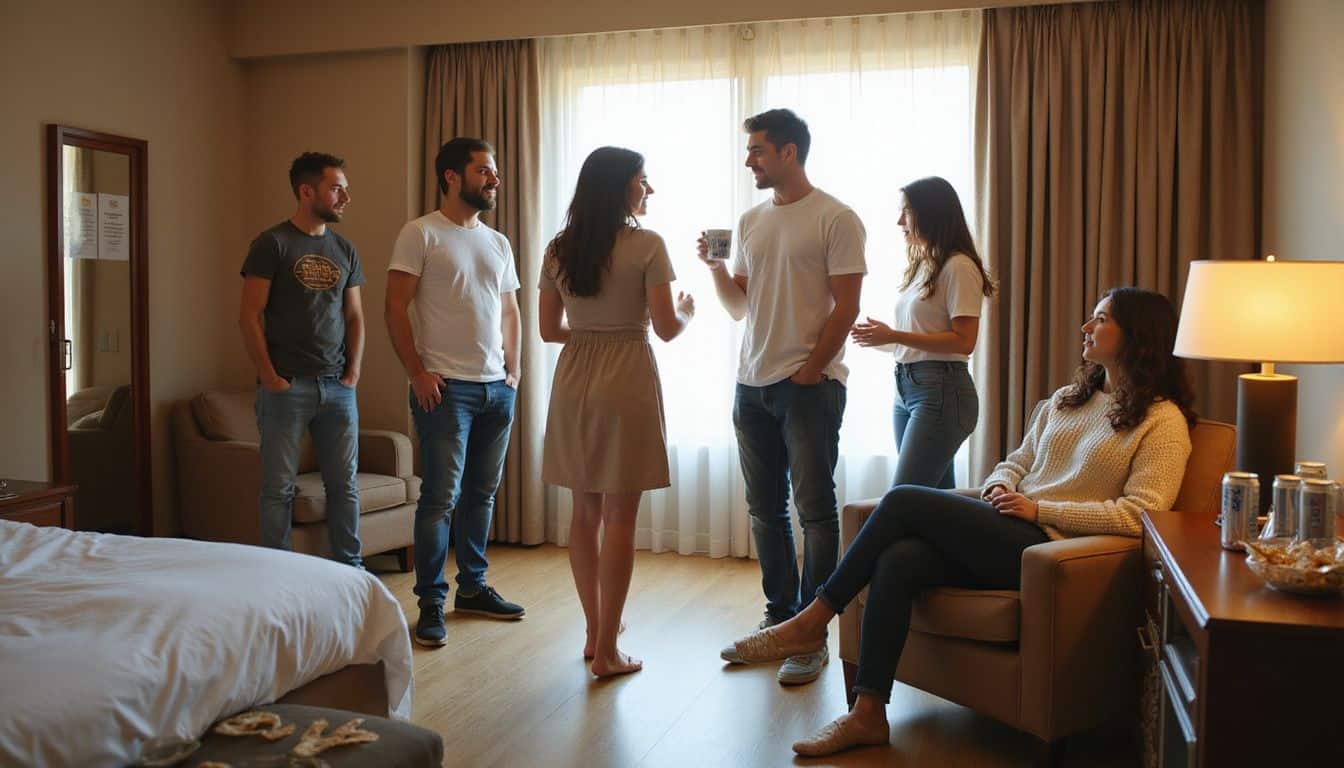 A casual hotel room party during a convention, captured with realistic details and natural colors. A casual hotel room party during a convention, captured with realistic details and natural colors.