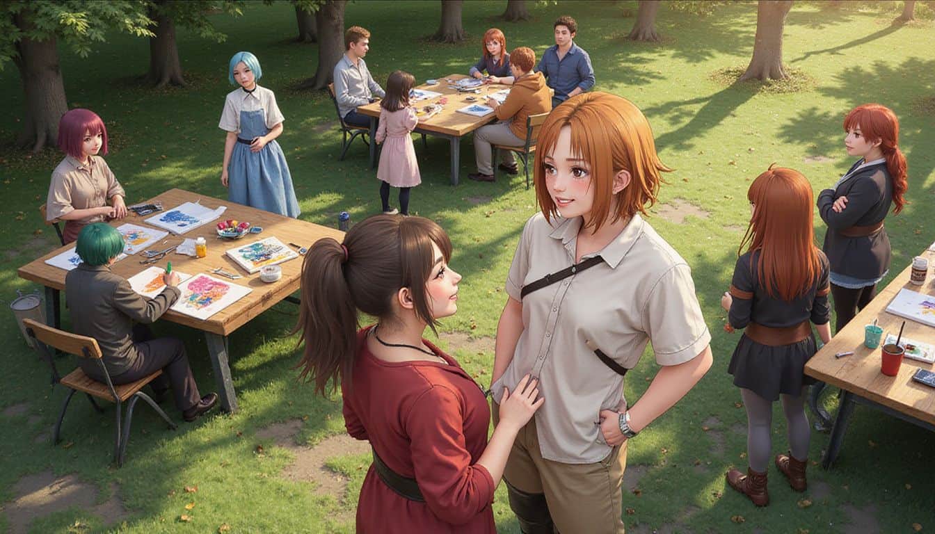 A diverse group of anime fans gather at an outdoor meetup in intricate costumes, engaging in lively conversation and camaraderie. A diverse group of anime fans gather at an outdoor meetup in intricate costumes, engaging in lively conversation and camaraderie.