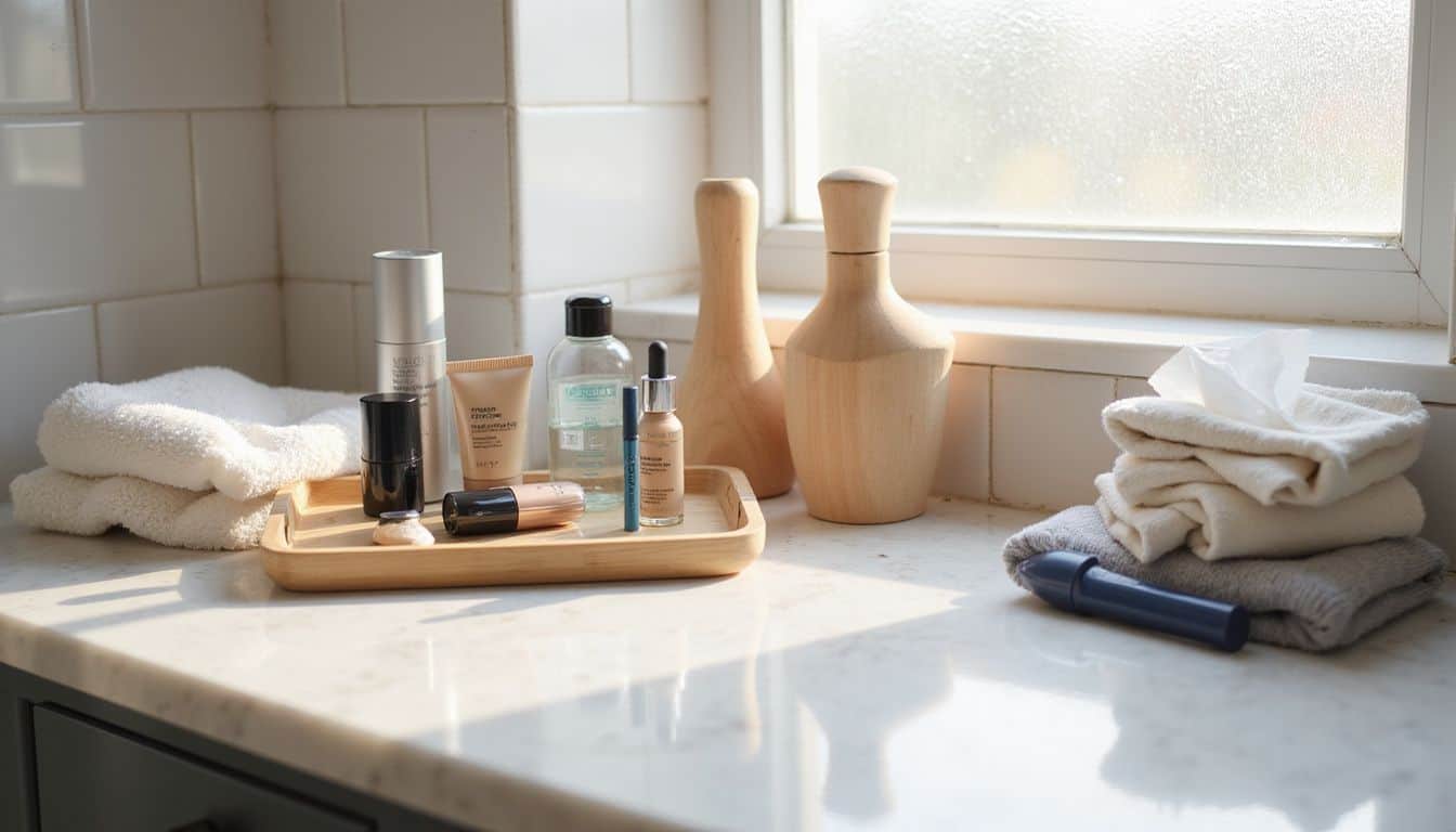 A well-organized bathroom counter with hygiene essentials, makeup products, and clothing accessories. A well-organized bathroom counter with hygiene essentials, makeup products, and clothing accessories.