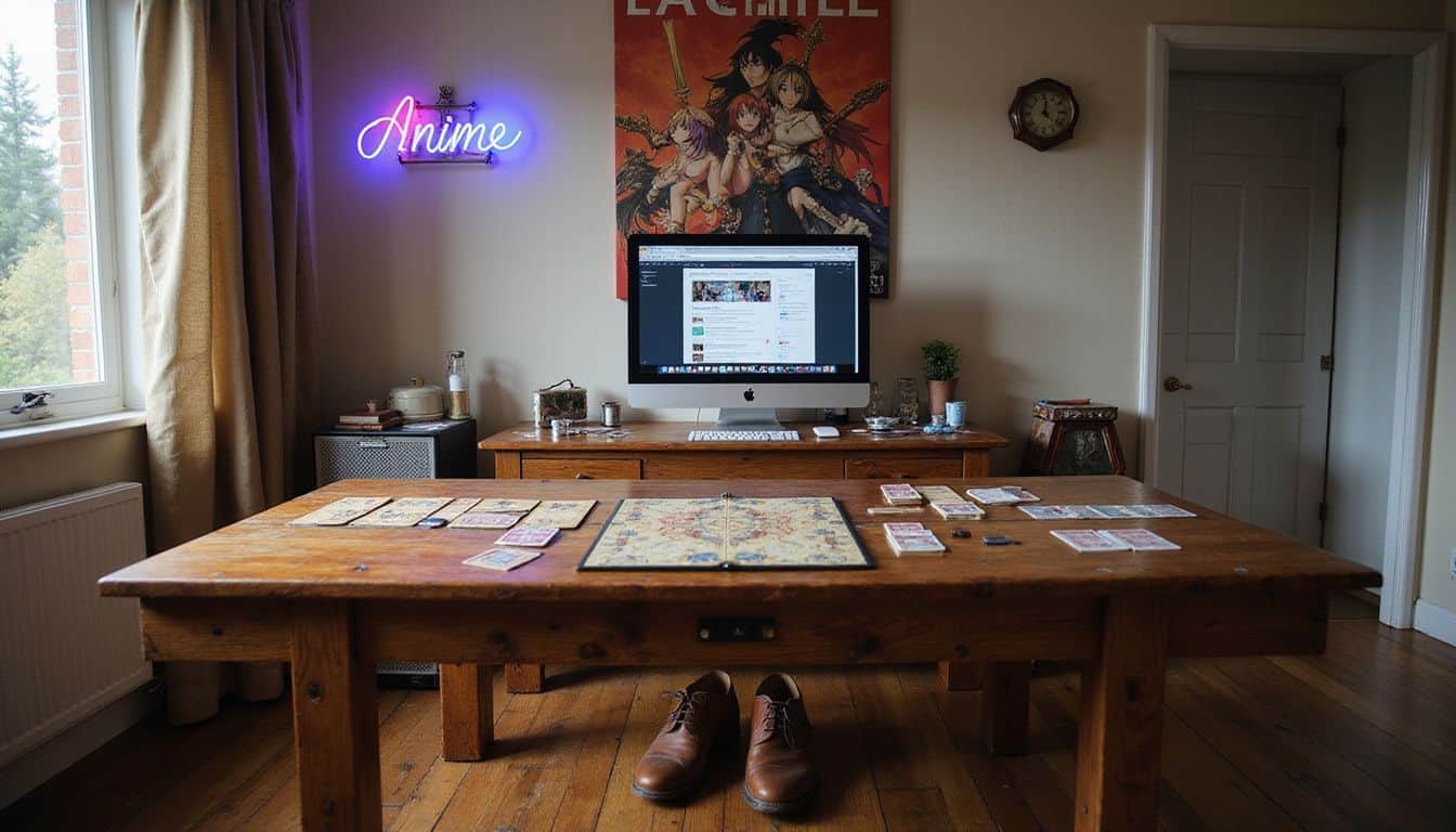 A well-loved tabletop gaming space with anime decor, a computer monitor, and worn dance shoes. A well-loved tabletop gaming space with anime decor, a computer monitor, and worn dance shoes.