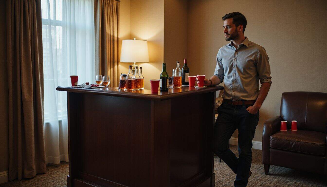 A man leans against a chair in a dimly lit hotel room with a makeshift bar. A man leans against a chair in a dimly lit hotel room with a makeshift bar.