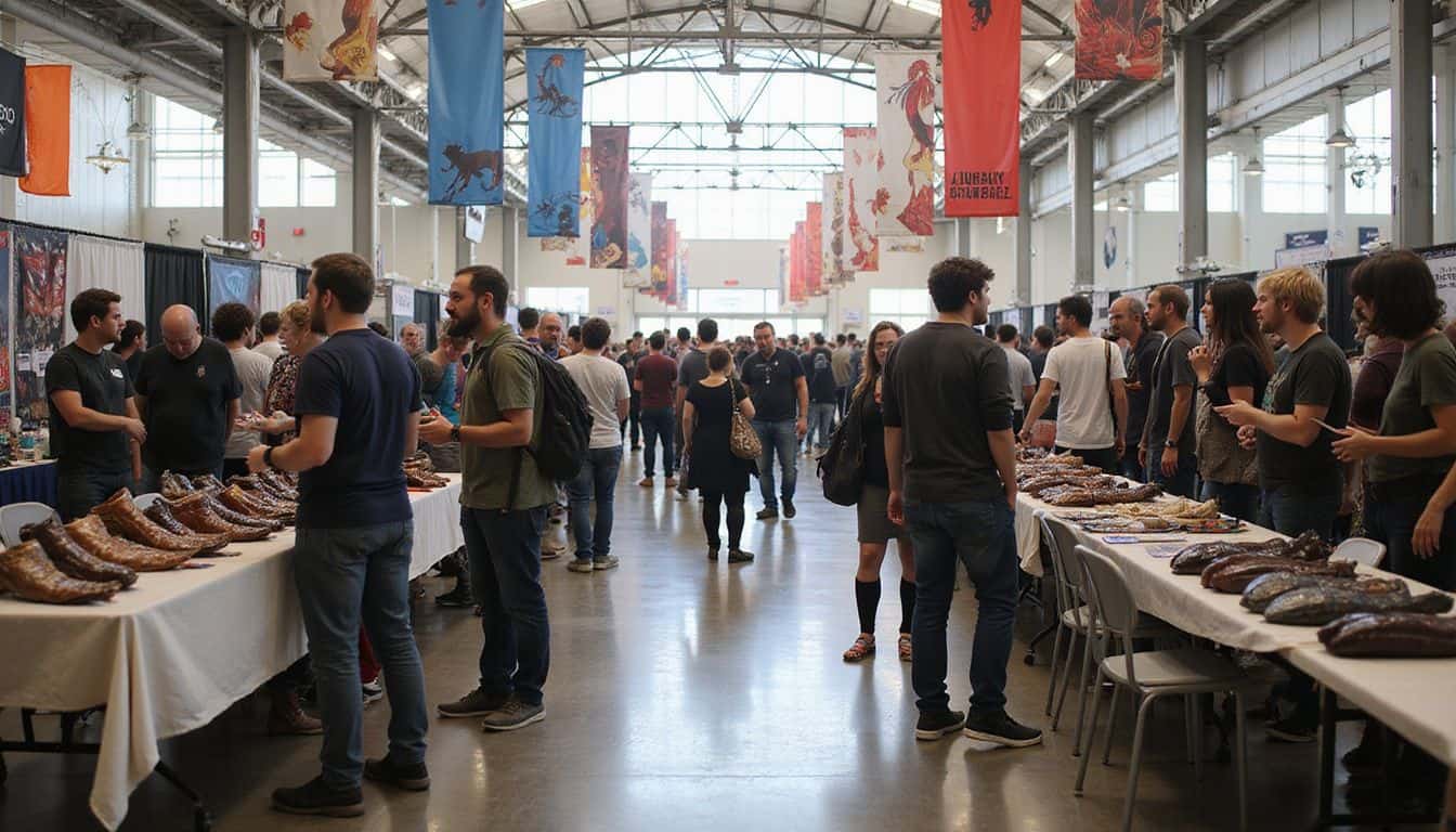 A bustling convention floor filled with vibrant anime banners, cosplay accessories, and lively attendees. A bustling convention floor filled with vibrant anime banners, cosplay accessories, and lively attendees.