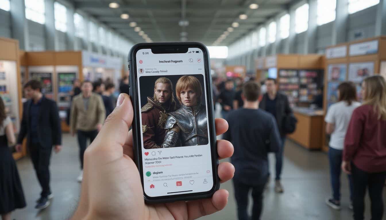 A man's hand holds a phone displaying detailed cosplay photos at an anime convention. A man's hand holds a phone displaying detailed cosplay photos at an anime convention.