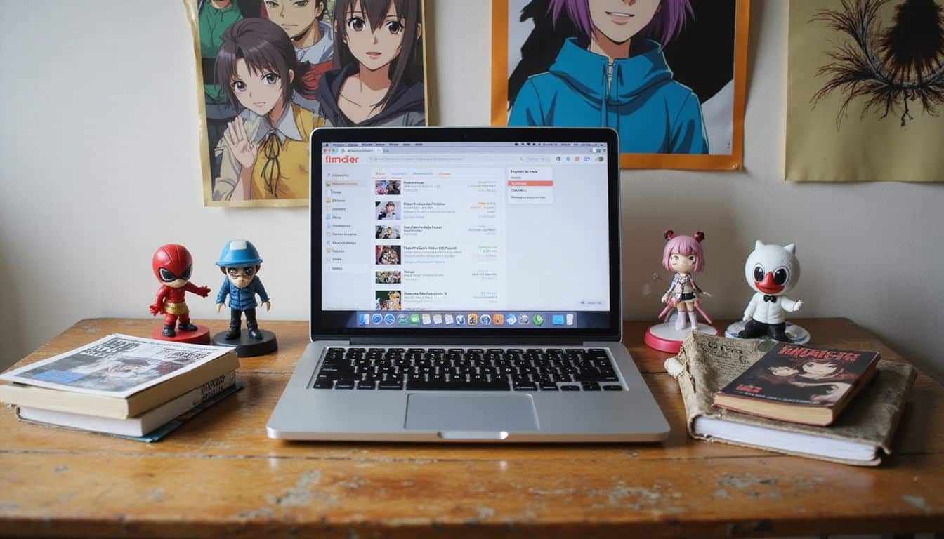 A desk with an open laptop displaying anime conventions, surrounded by figurines and manga volumes. A desk with an open laptop displaying anime conventions, surrounded by figurines and manga volumes.