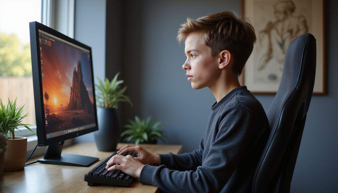 A teenage boy sits focused at his computer gaming setup in a well-lit and organized room.