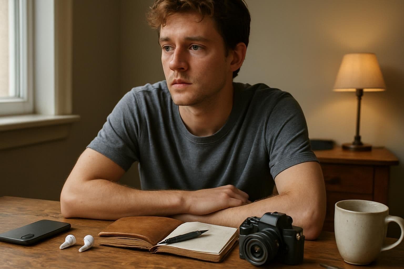 A young adult sits at a cluttered desk, surrounded by technology and creative tools, lost in thought. A young adult sits at a cluttered desk, surrounded by technology and creative tools, lost in thought.