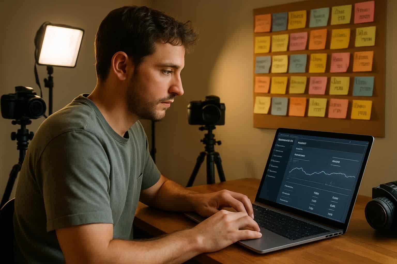 A 30-year-old man edits a video in his warm, home office surrounded by professional equipment and vibrant video ideas. A 30-year-old man edits a video in his warm, home office surrounded by professional equipment and vibrant video ideas.