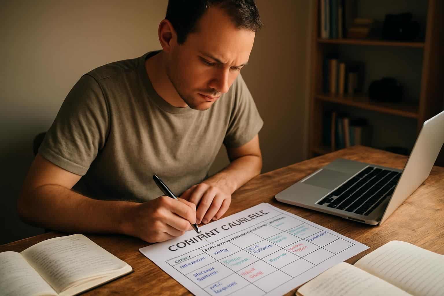 A focused person at a cluttered desk plans content for a YouTube channel. A focused person at a cluttered desk plans content for a YouTube channel.