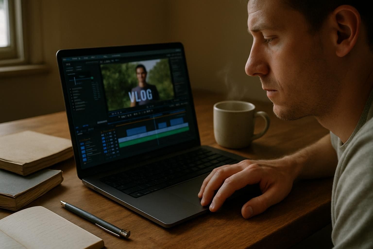 A cluttered wooden desk with open laptop, notebooks, pens, and coffee cup, evoking focused concentration in a vlog editing session. A cluttered wooden desk with open laptop, notebooks, pens, and coffee cup, evoking focused concentration in a vlog editing session.