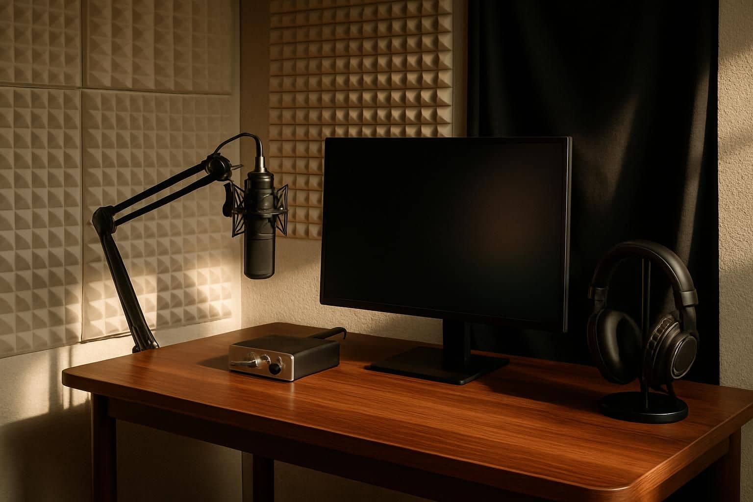 A well-organized home recording studio with acoustic foam panels, microphone, audio interface, desk, monitor, and headphones. A well-organized home recording studio with acoustic foam panels, microphone, audio interface, desk, monitor, and headphones.