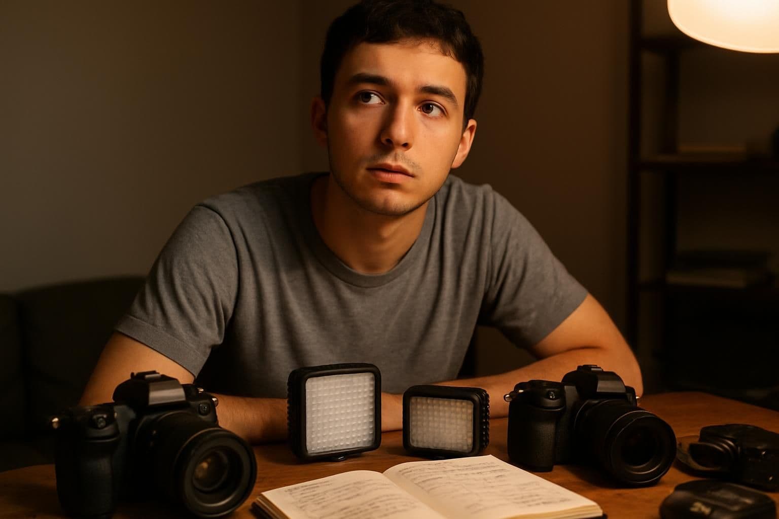 A young adult sitting at a cluttered desk surrounded by professional photography equipment, with a thoughtful expression. A young adult sitting at a cluttered desk surrounded by professional photography equipment, with a thoughtful expression.