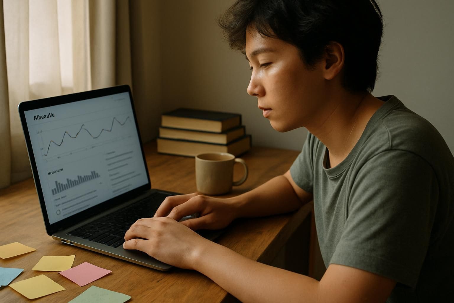 A focused young adult working at a cluttered desk with a laptop and coffee mug. A focused young adult working at a cluttered desk with a laptop and coffee mug.