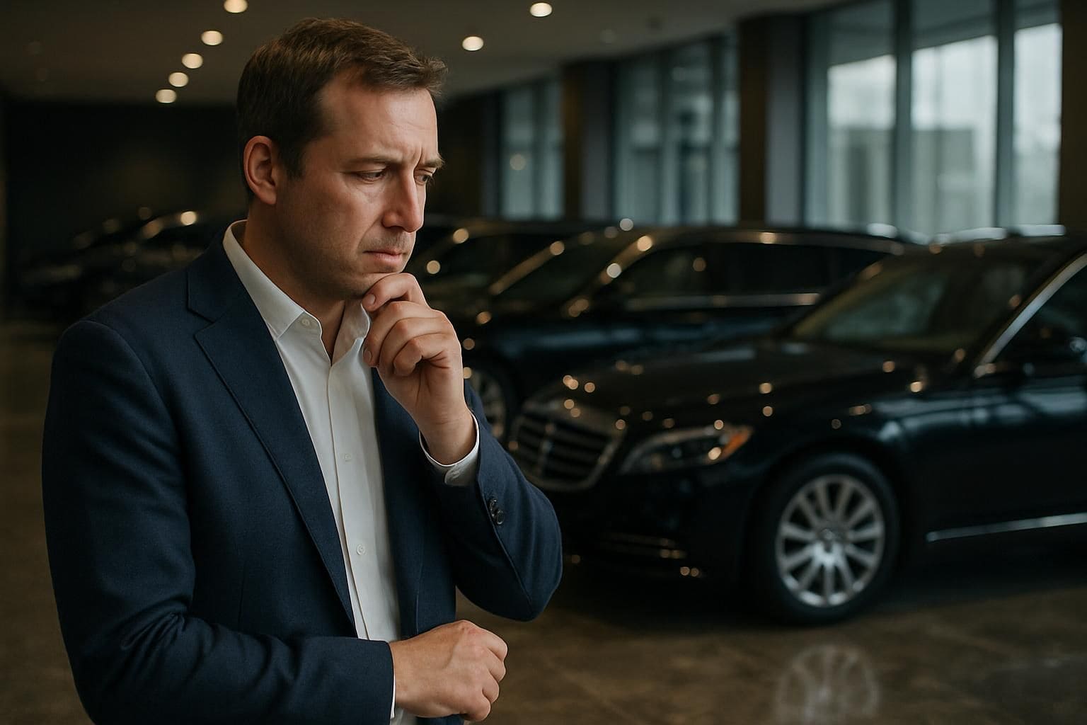 A man in his 40s contemplates luxury limousines in a dimly lit showroom. A man in his 40s contemplates luxury limousines in a dimly lit showroom.