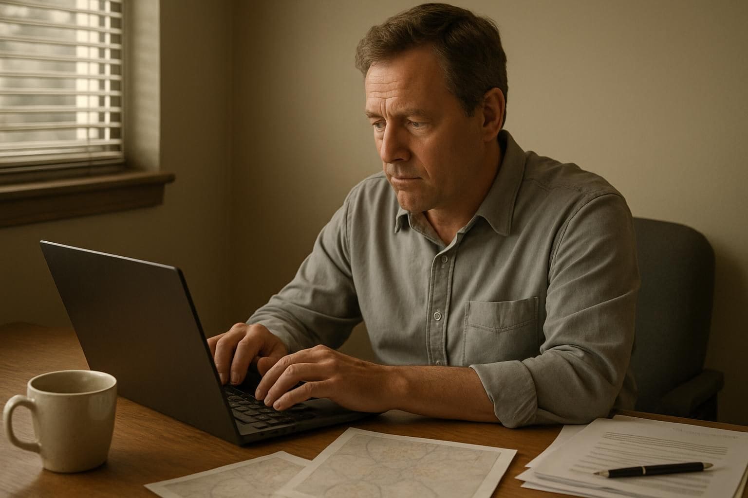 A middle-aged man works on analyzing detailed local demand patterns for a limousine business in his office. A middle-aged man works on analyzing detailed local demand patterns for a limousine business in his office.