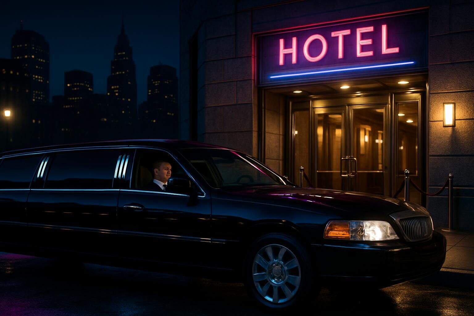 A sleek black limousine parked outside an upscale hotel entrance under the deep indigo of night. A sleek black limousine parked outside an upscale hotel entrance under the deep indigo of night.
