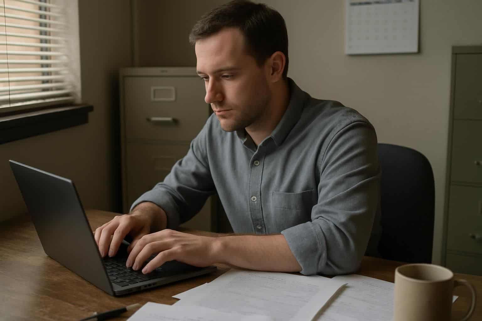 A man in his 30s sits at a desk, focused on typing on his laptop in a cluttered office space. A man in his 30s sits at a desk, focused on typing on his laptop in a cluttered office space.