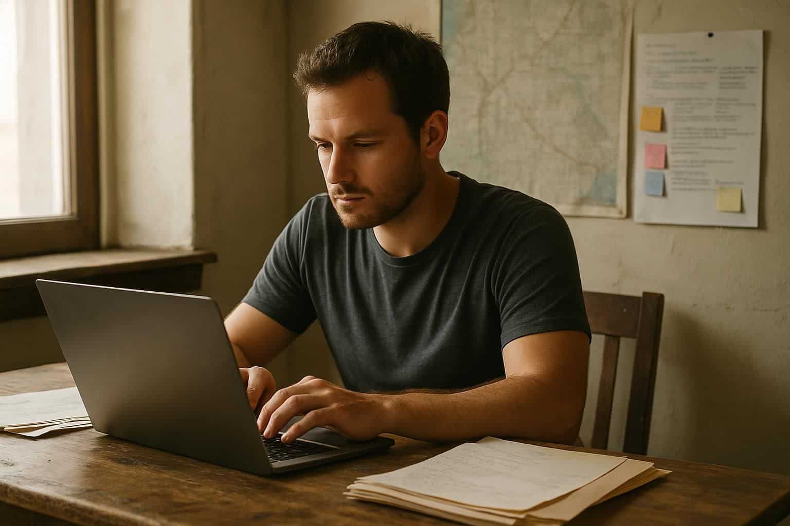 A man in his 30s is seated at a cluttered desk working on a laptop in a well-used office space. A man in his 30s is seated at a cluttered desk working on a laptop in a well-used office space.