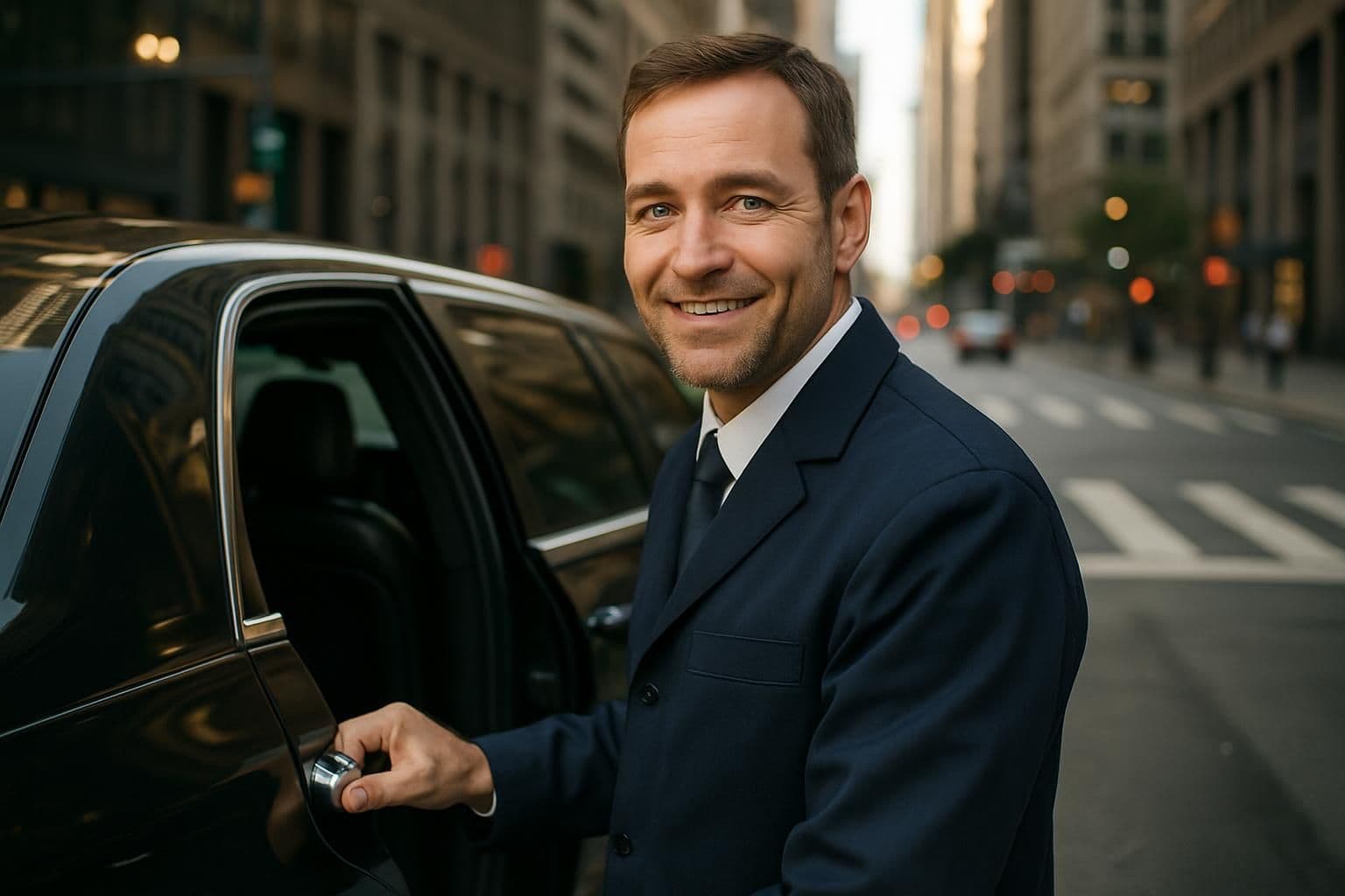 A mid-40s man in a driver's jacket stands beside a black limousine in a bustling urban intersection. A mid-40s man in a driver's jacket stands beside a black limousine in a bustling urban intersection.