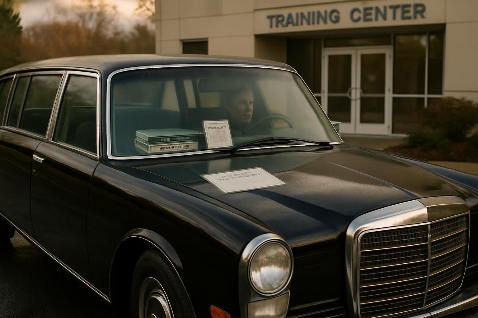 A classic black vintage limousine parked outside a modern training facility, with driver's materials visible inside. A classic black vintage limousine parked outside a modern training facility, with driver's materials visible inside.