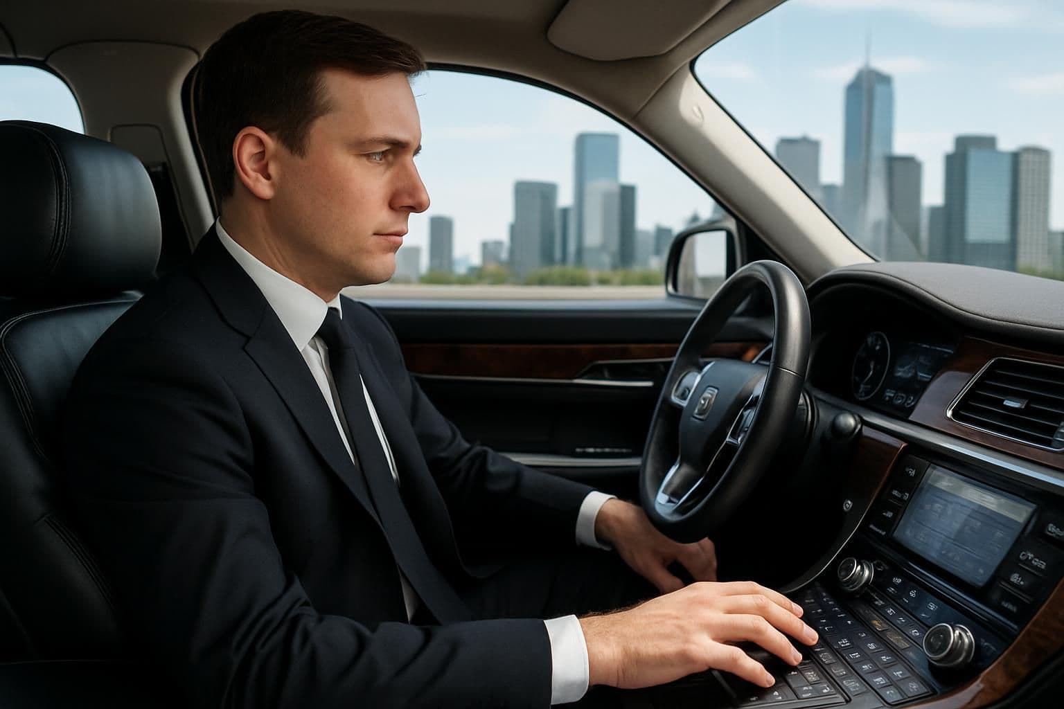 A man in a tailored suit sits in the driver’s seat of a modern limousine, with a city skyline visible through the windows. A man in a tailored suit sits in the driver’s seat of a modern limousine, with a city skyline visible through the windows.