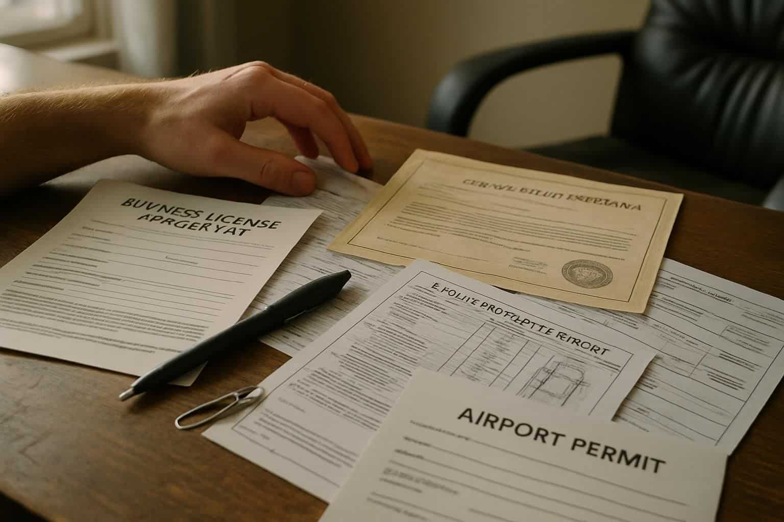 A cluttered office desk filled with paperwork and a pen, indicating diligent efforts to secure essential permits for a limousine business. A cluttered office desk filled with paperwork and a pen, indicating diligent efforts to secure essential permits for a limousine business.