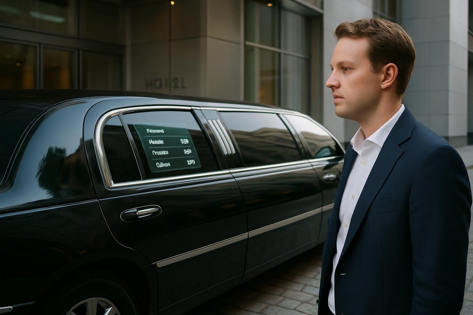 A sleek black limousine parked outside a modern hotel, with a person in business attire.