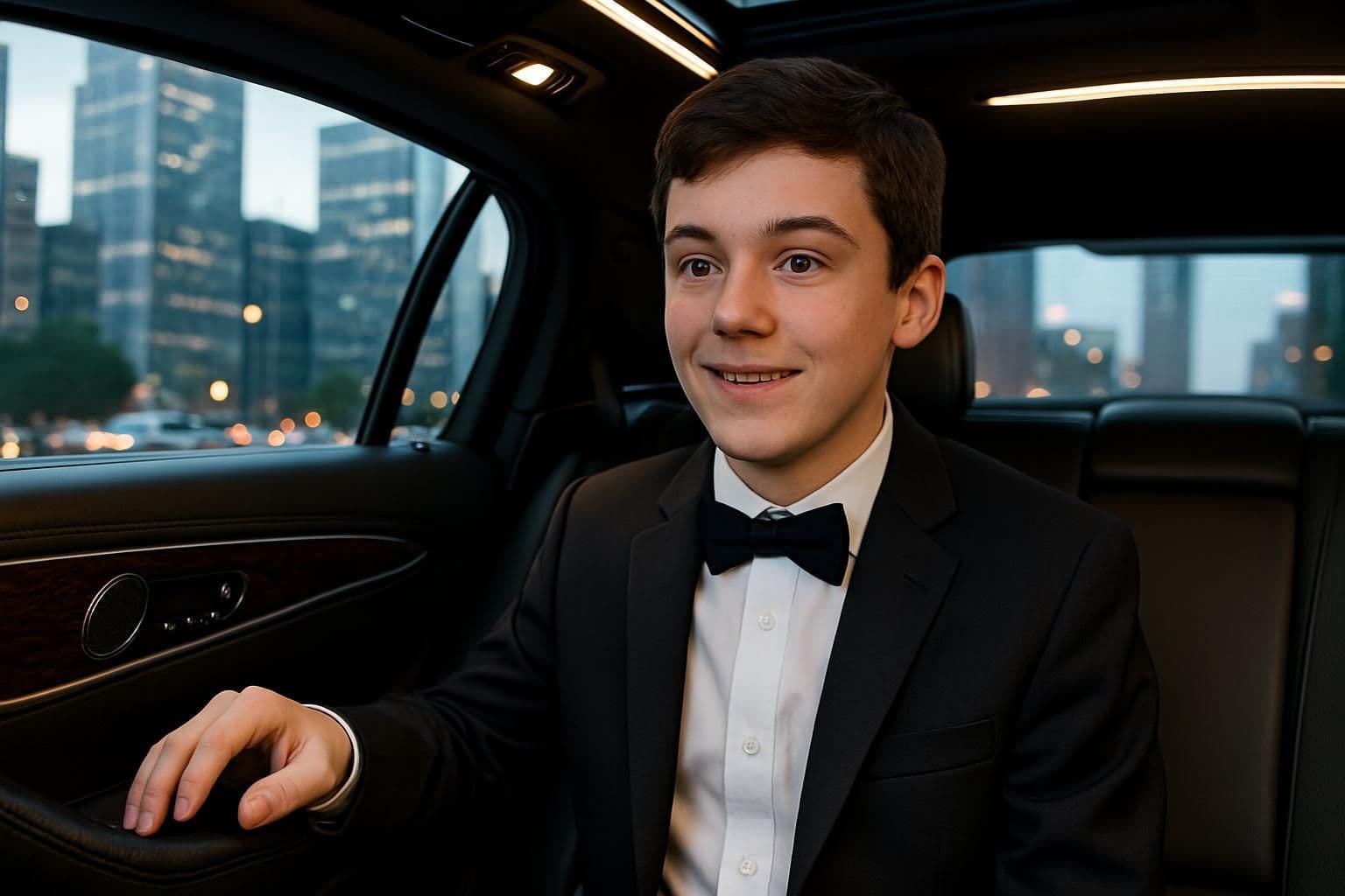 A teenage boy in a sharp tuxedo smiles excitedly inside a luxury limousine, with a cityscape visible through tinted windows. A teenage boy in a sharp tuxedo smiles excitedly inside a luxury limousine, with a cityscape visible through tinted windows.