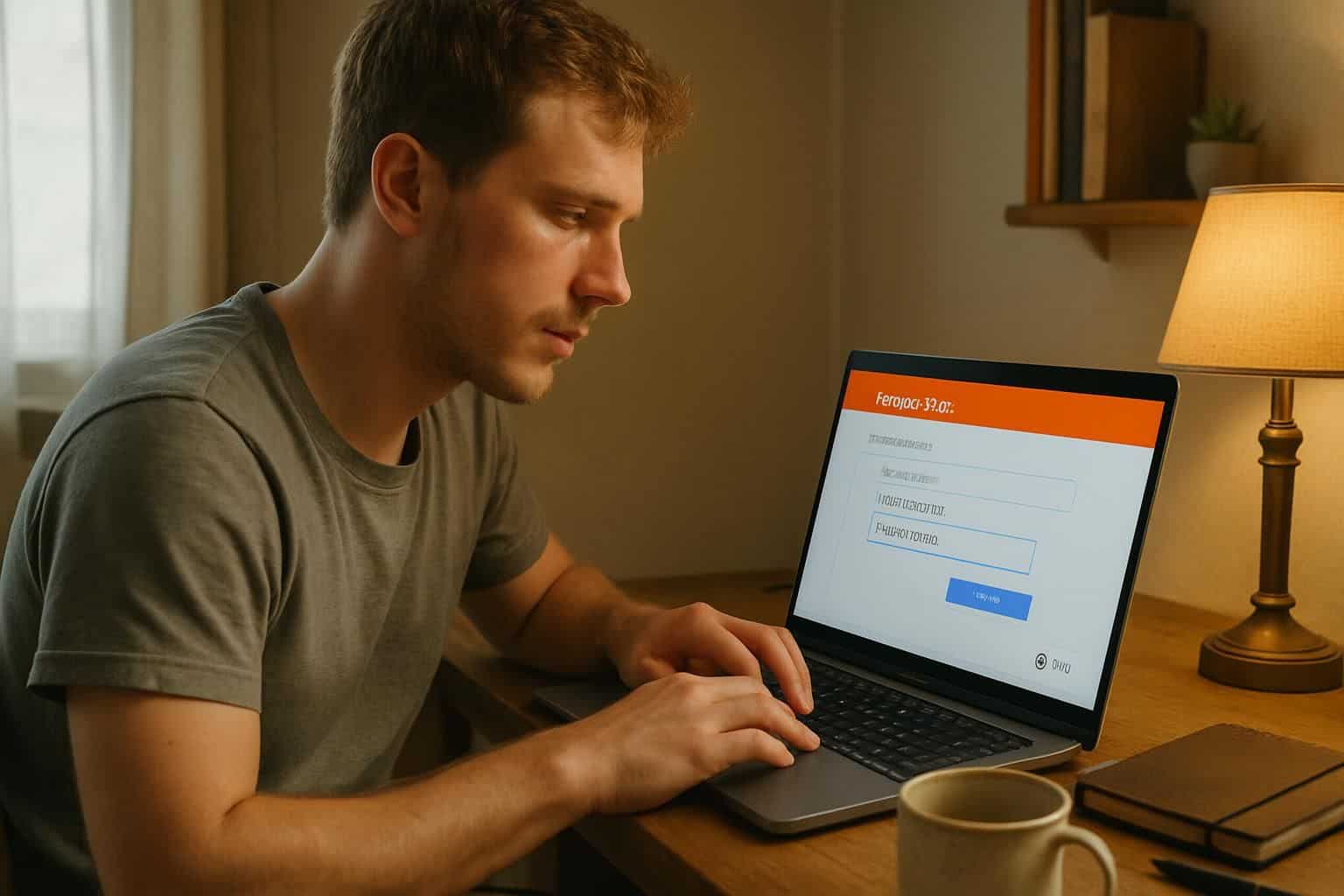 A man in his 20s is seated at a desk, entering a gift card code on his laptop. A man in his 20s is seated at a desk, entering a gift card code on his laptop.