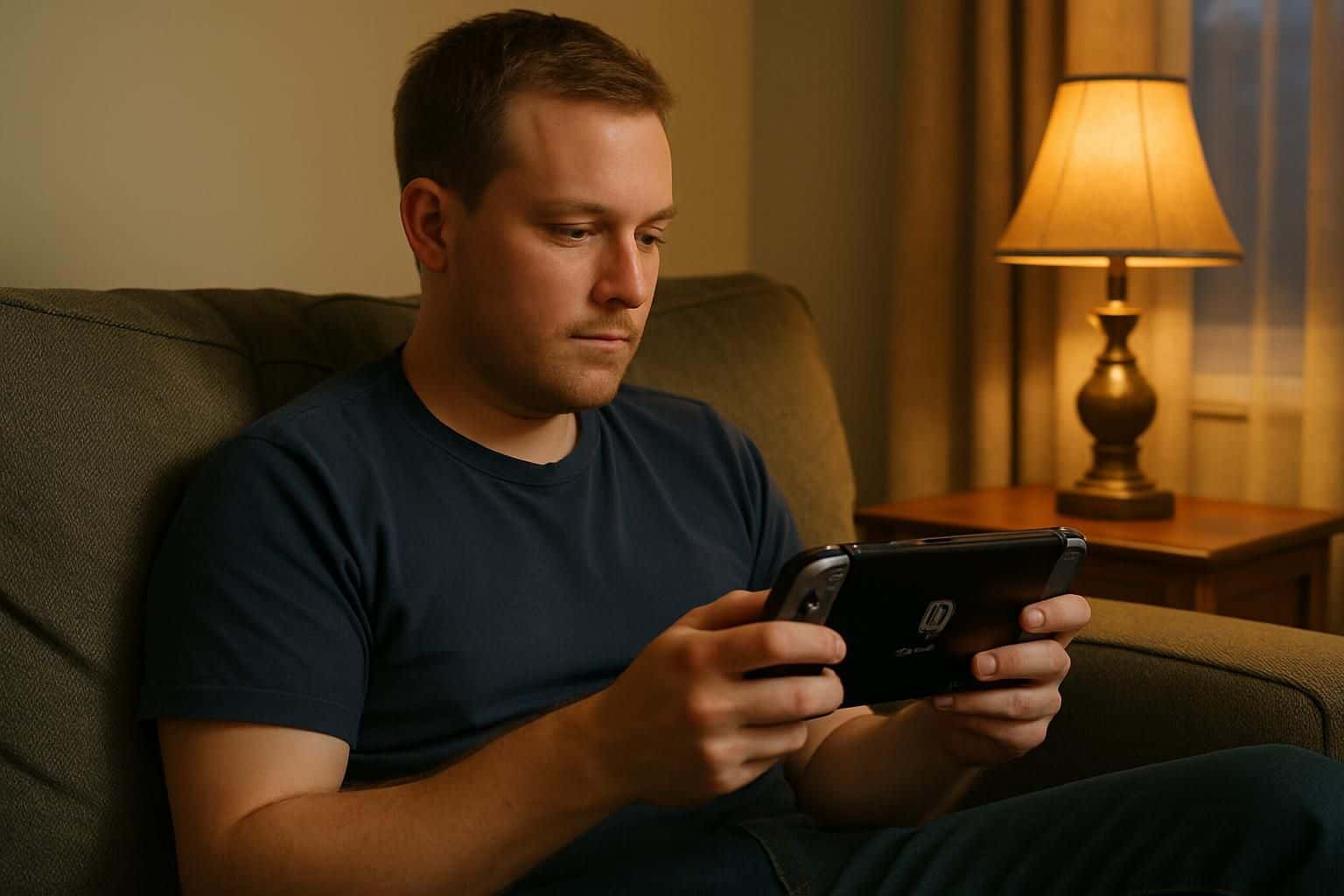 A man in his 30s sits on a gray couch, holding a Nintendo Switch in a cozy living room. A man in his 30s sits on a gray couch, holding a Nintendo Switch in a cozy living room.