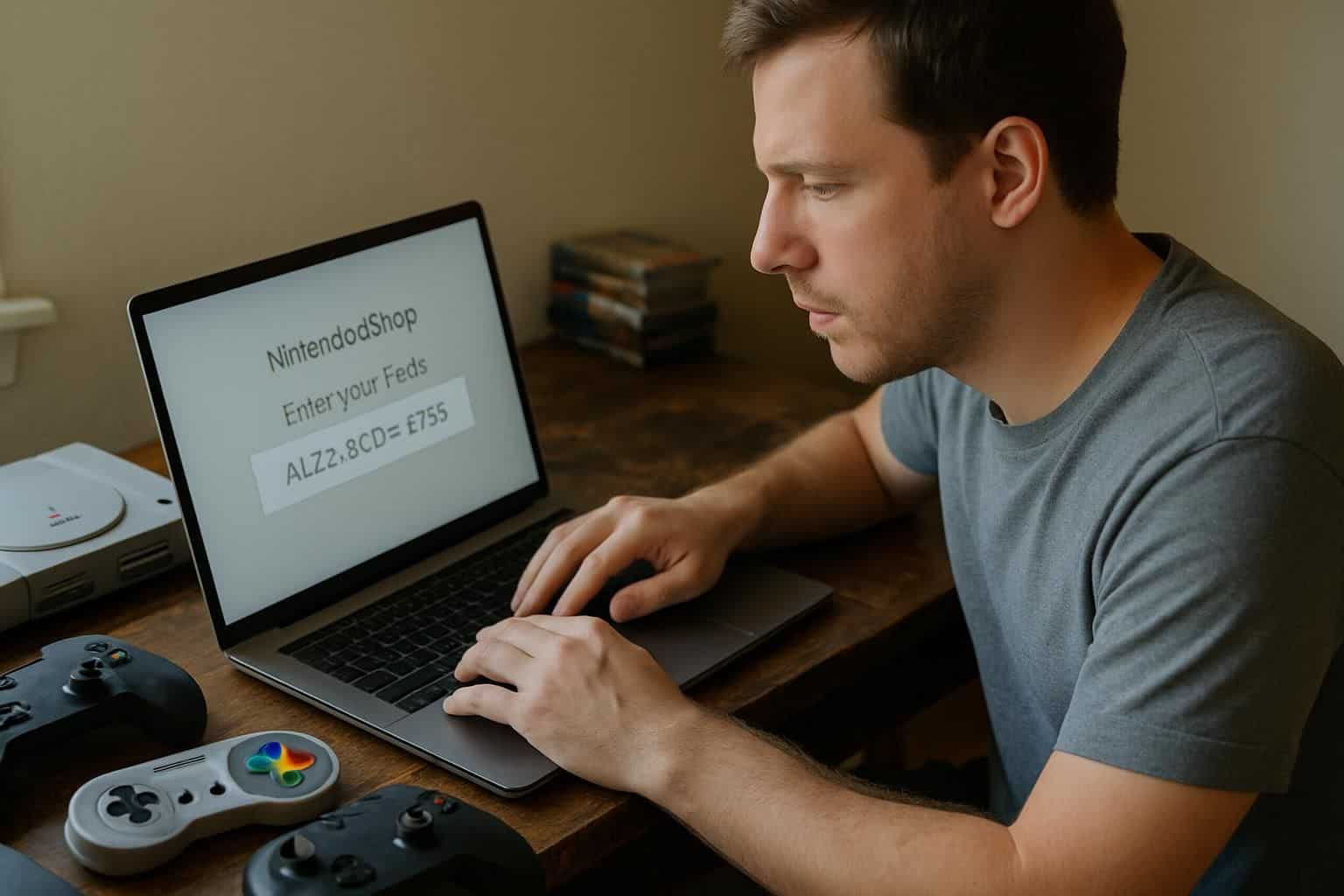 A man in his 30s sits at a cluttered desk, entering a Nintendo eShop gift card code on his laptop. A man in his 30s sits at a cluttered desk, entering a Nintendo eShop gift card code on his laptop.