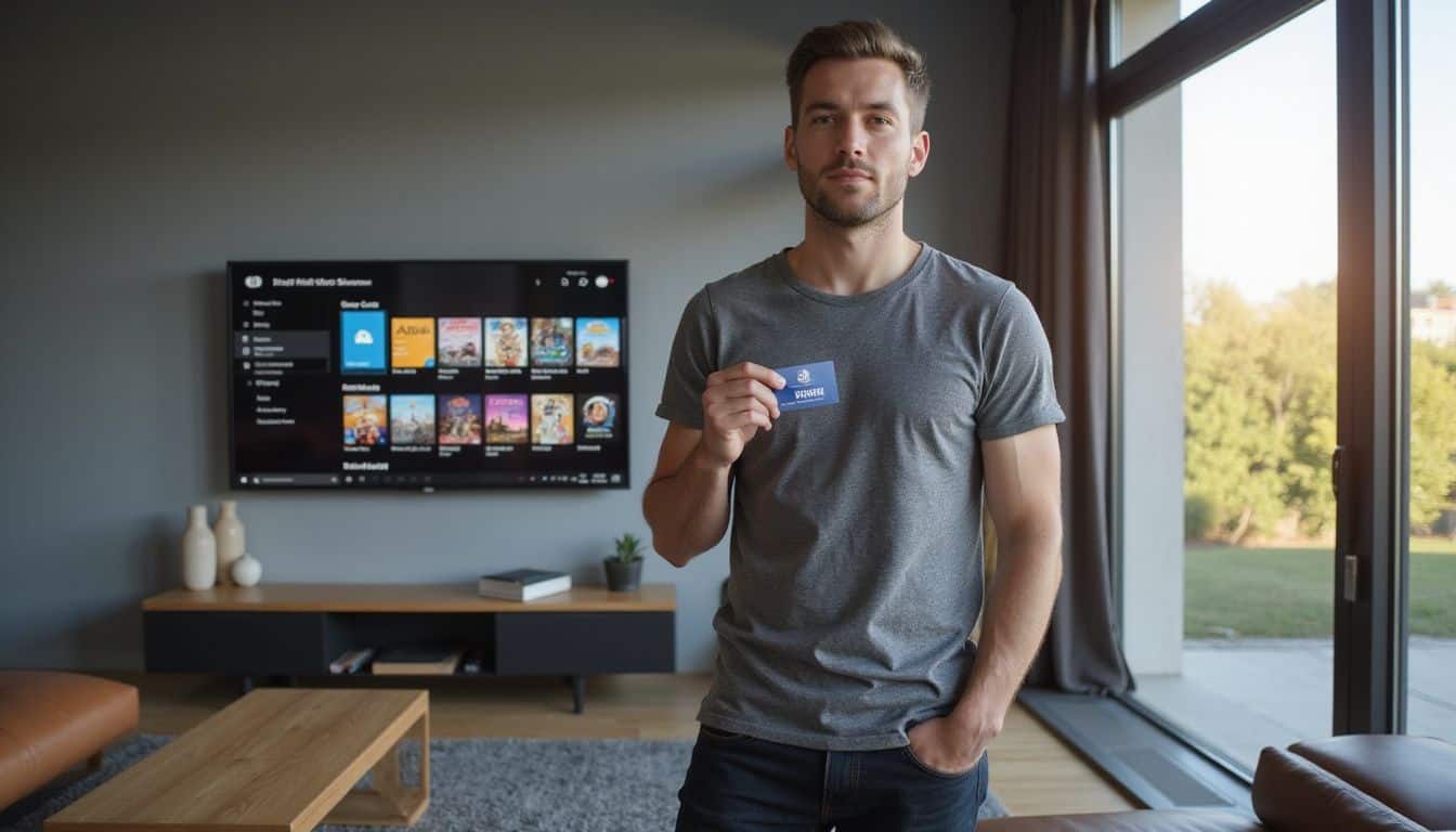 A man in his 30s holding a Nintendo eShop gift card in a modern living room. A man in his 30s holding a Nintendo eShop gift card in a modern living room.
