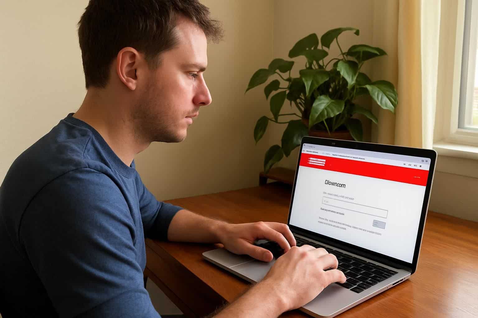 A man in his 30s sits at a desk, focused on his laptop and wearing a blue shirt. A man in his 30s sits at a desk, focused on his laptop and wearing a blue shirt.