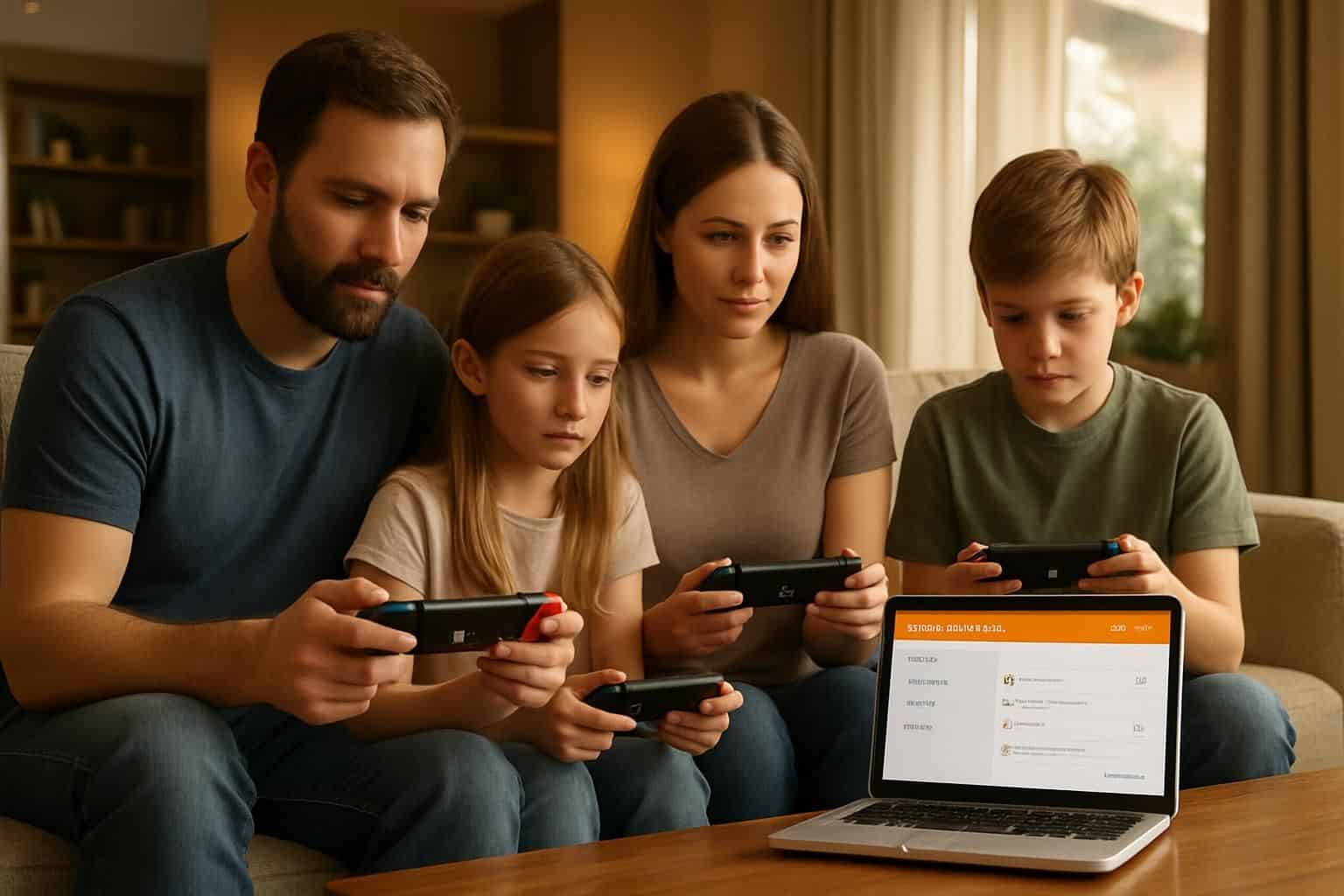 A family of four sits on a couch, playing Nintendo Switch consoles and using a laptop. A family of four sits on a couch, playing Nintendo Switch consoles and using a laptop.