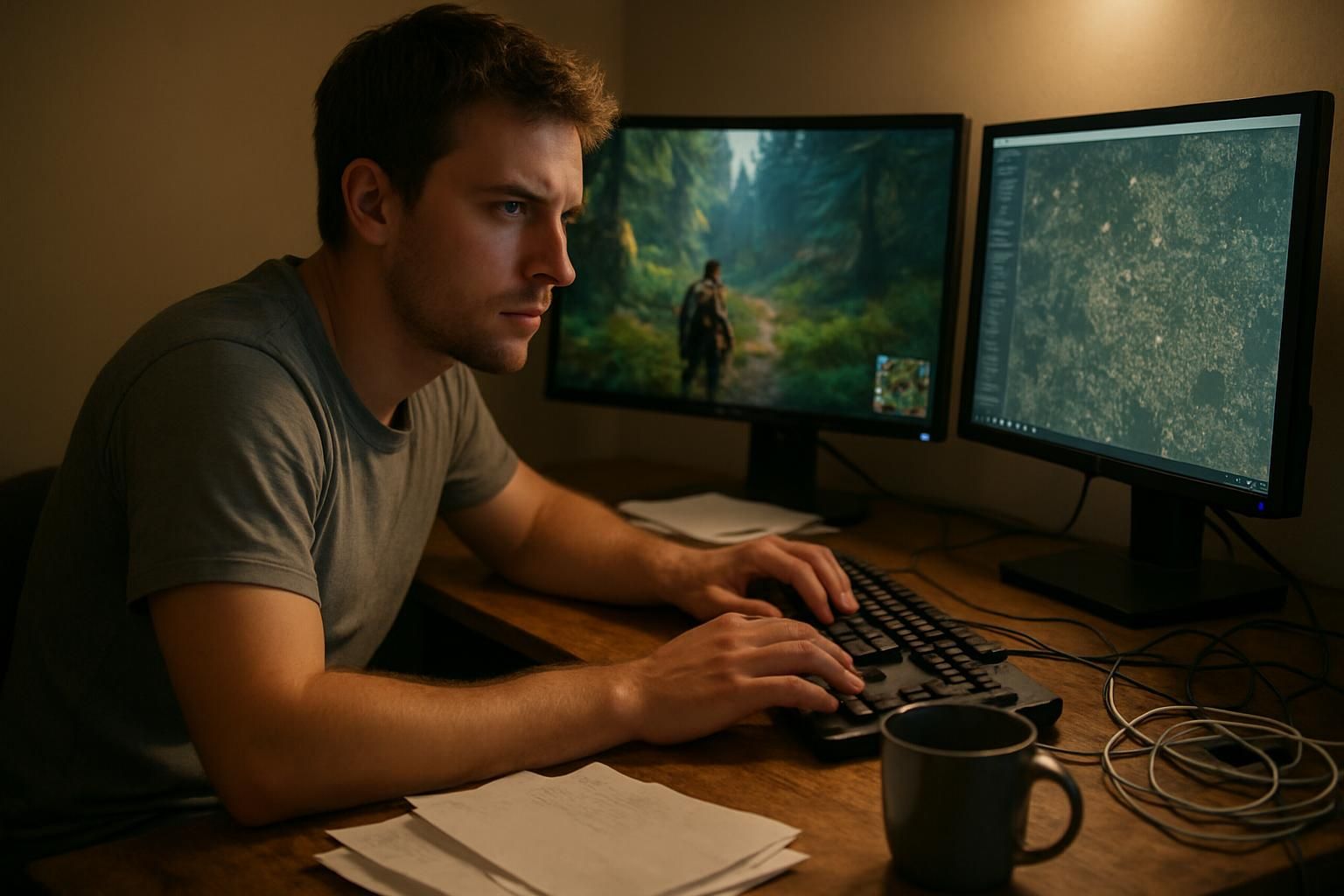 A man in his mid-20s sits at a cluttered desk, playing a video game while working on a computer. A man in his mid-20s sits at a cluttered desk, playing a video game while working on a computer.