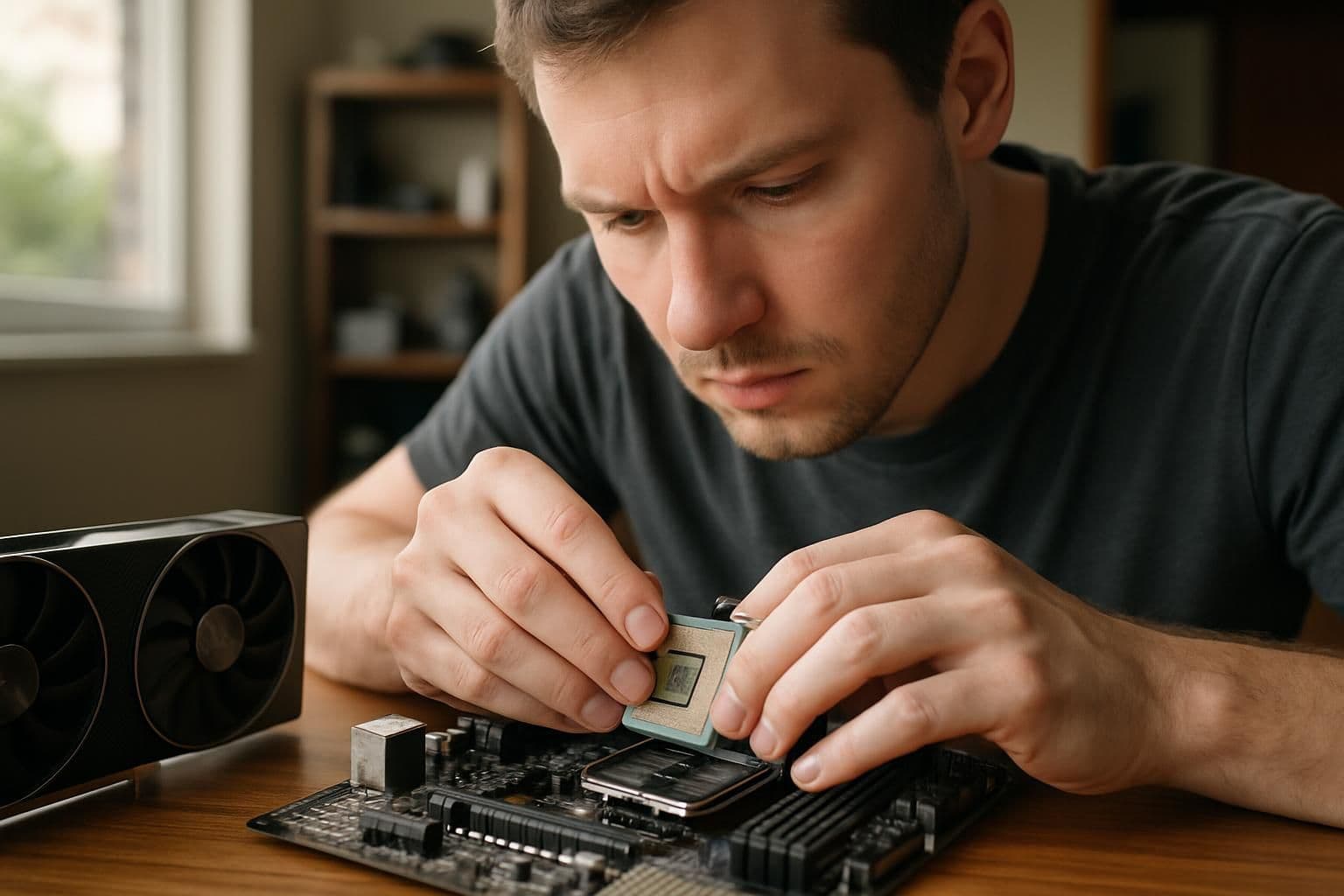 A man carefully installs a CPU into a motherboard with high-performance GPU nearby in a tech-filled workspace. A man carefully installs a CPU into a motherboard with high-performance GPU nearby in a tech-filled workspace.