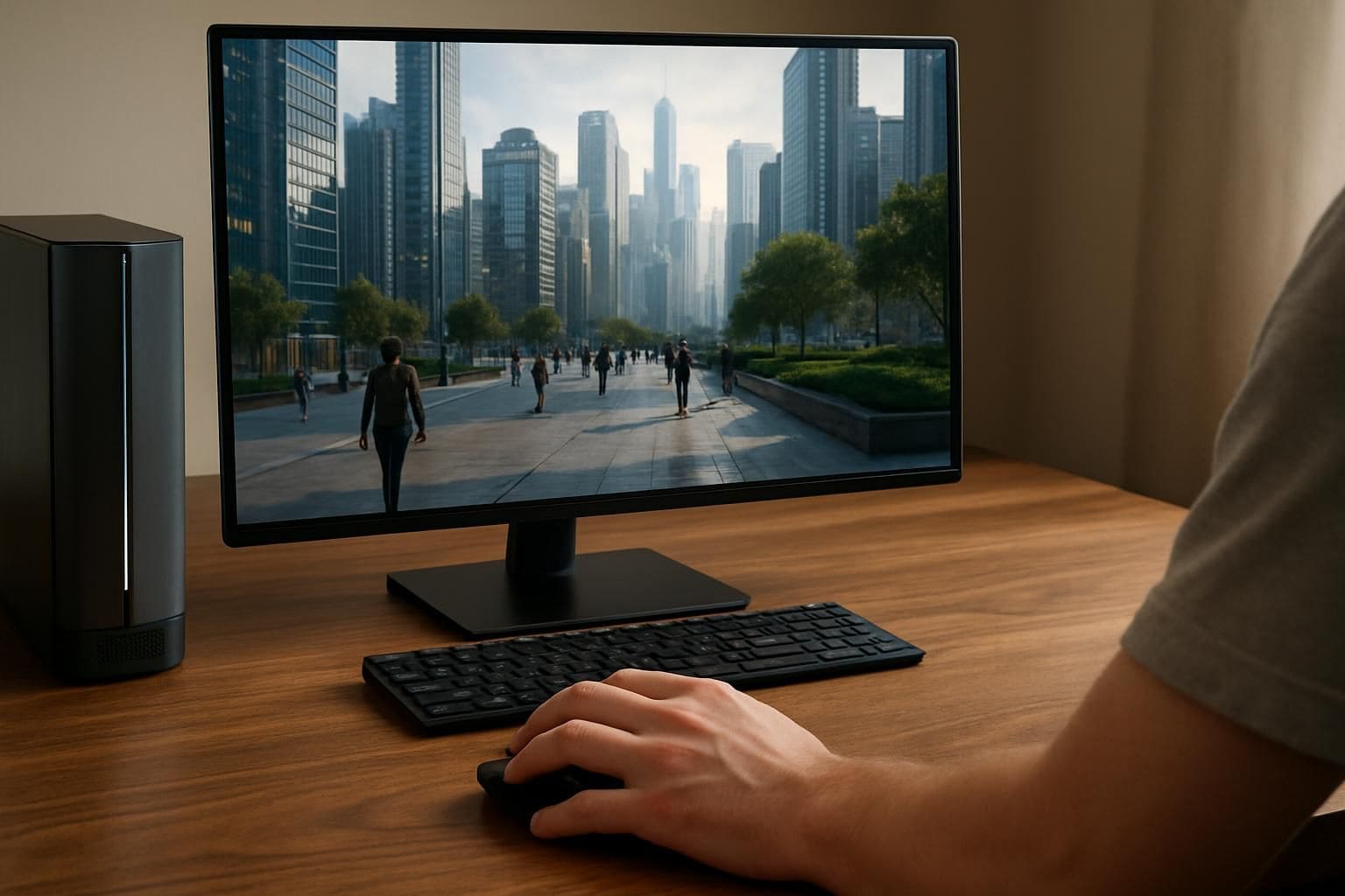 A gaming setup featuring a futuristic cityscape on the main monitor, with a player's hand on a gaming mouse. A gaming setup featuring a futuristic cityscape on the main monitor, with a player's hand on a gaming mouse.
