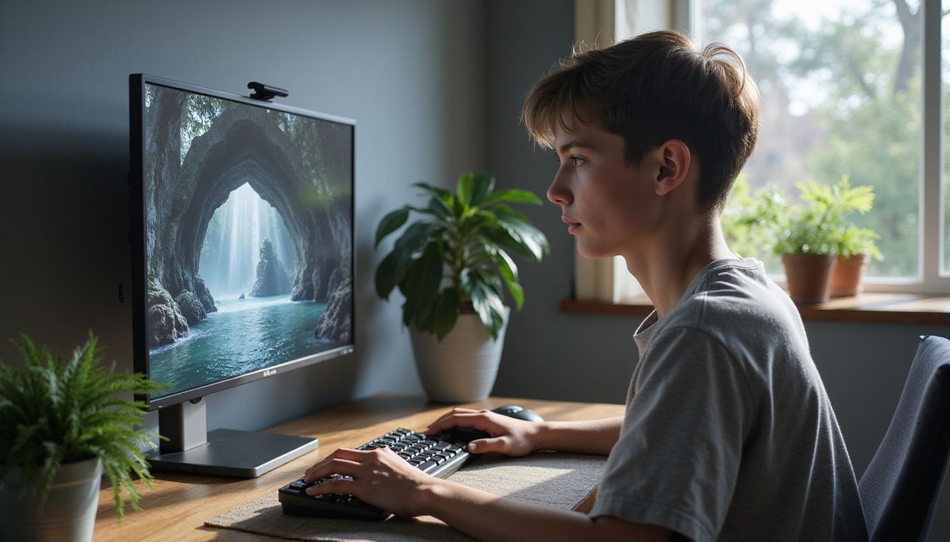 A teenage boy sitting at a minimalist gaming desk, immersed in a graphically rich video game. A teenage boy sitting at a minimalist gaming desk, immersed in a graphically rich video game.