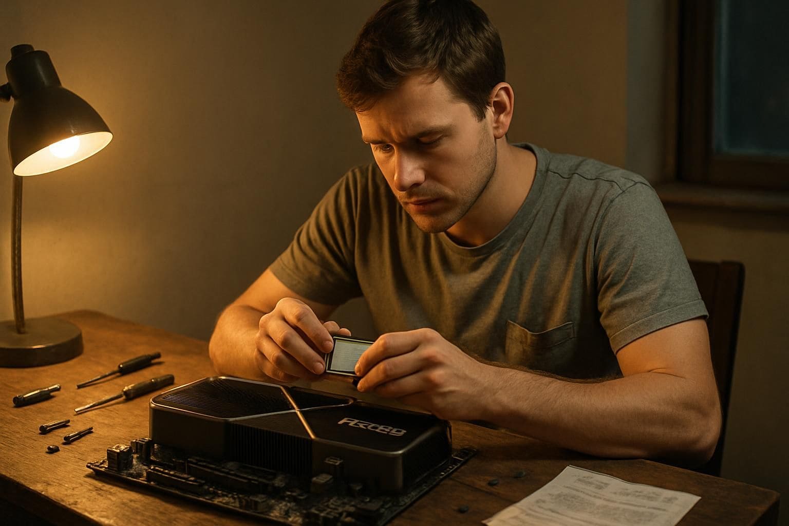 A man assembles high-end computer components with focused determination at a cluttered wooden desk. A man assembles high-end computer components with focused determination at a cluttered wooden desk.