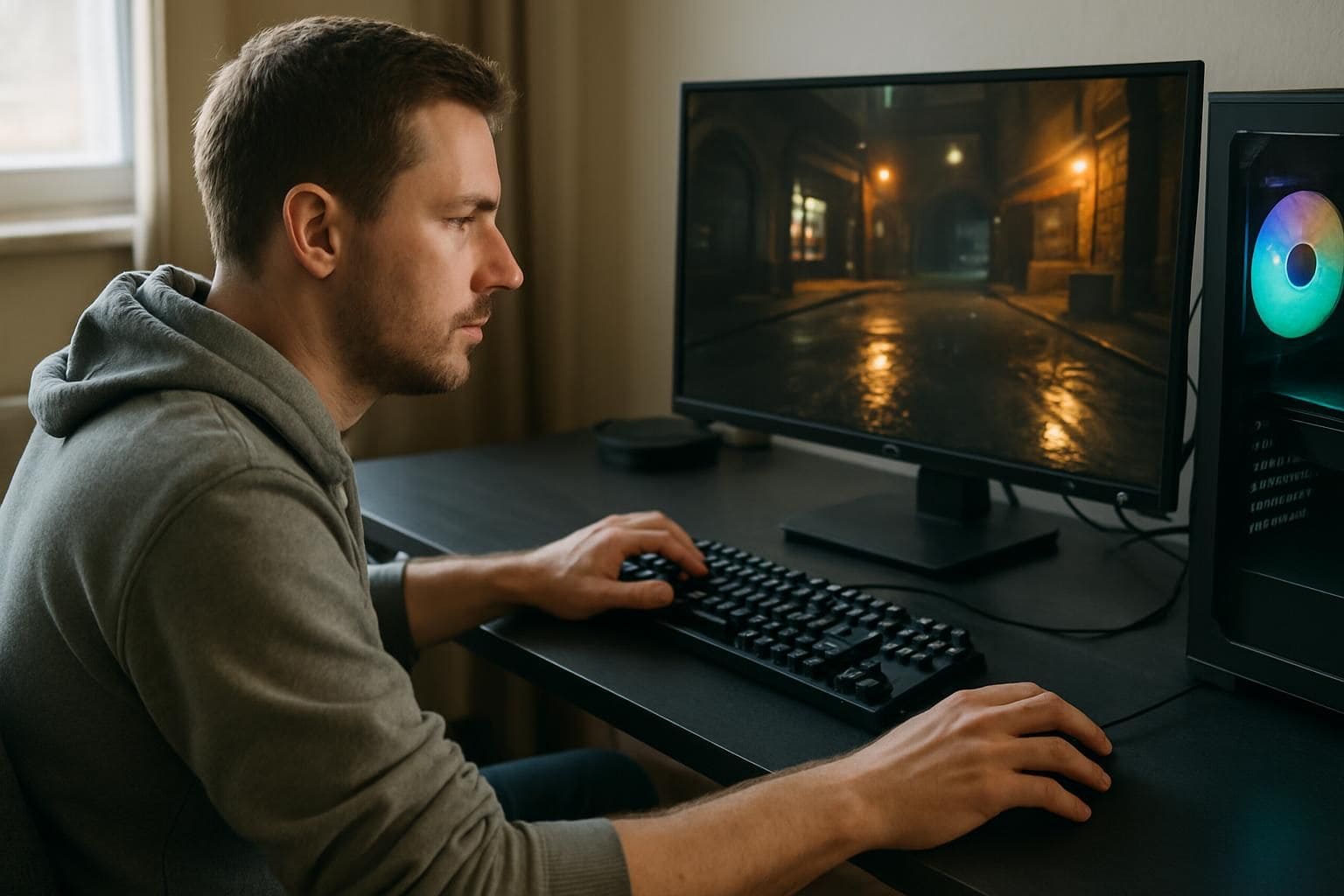 A man in his 30s plays a video game on a mid-range gaming PC at his sleek desk. A man in his 30s plays a video game on a mid-range gaming PC at his sleek desk.