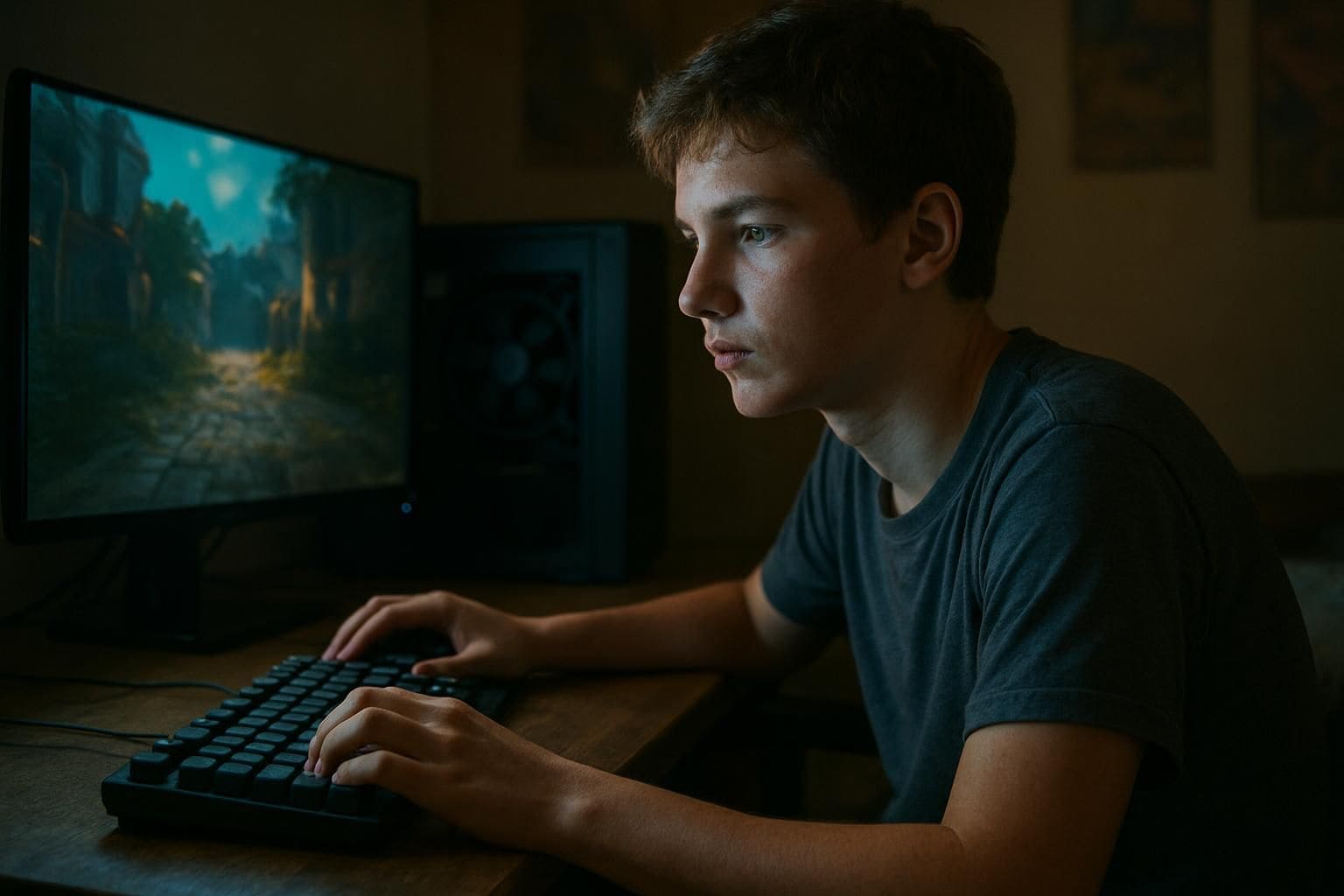 A teenage boy immersed in gaming at his desk, surrounded by technology and posters. A teenage boy immersed in gaming at his desk, surrounded by technology and posters.