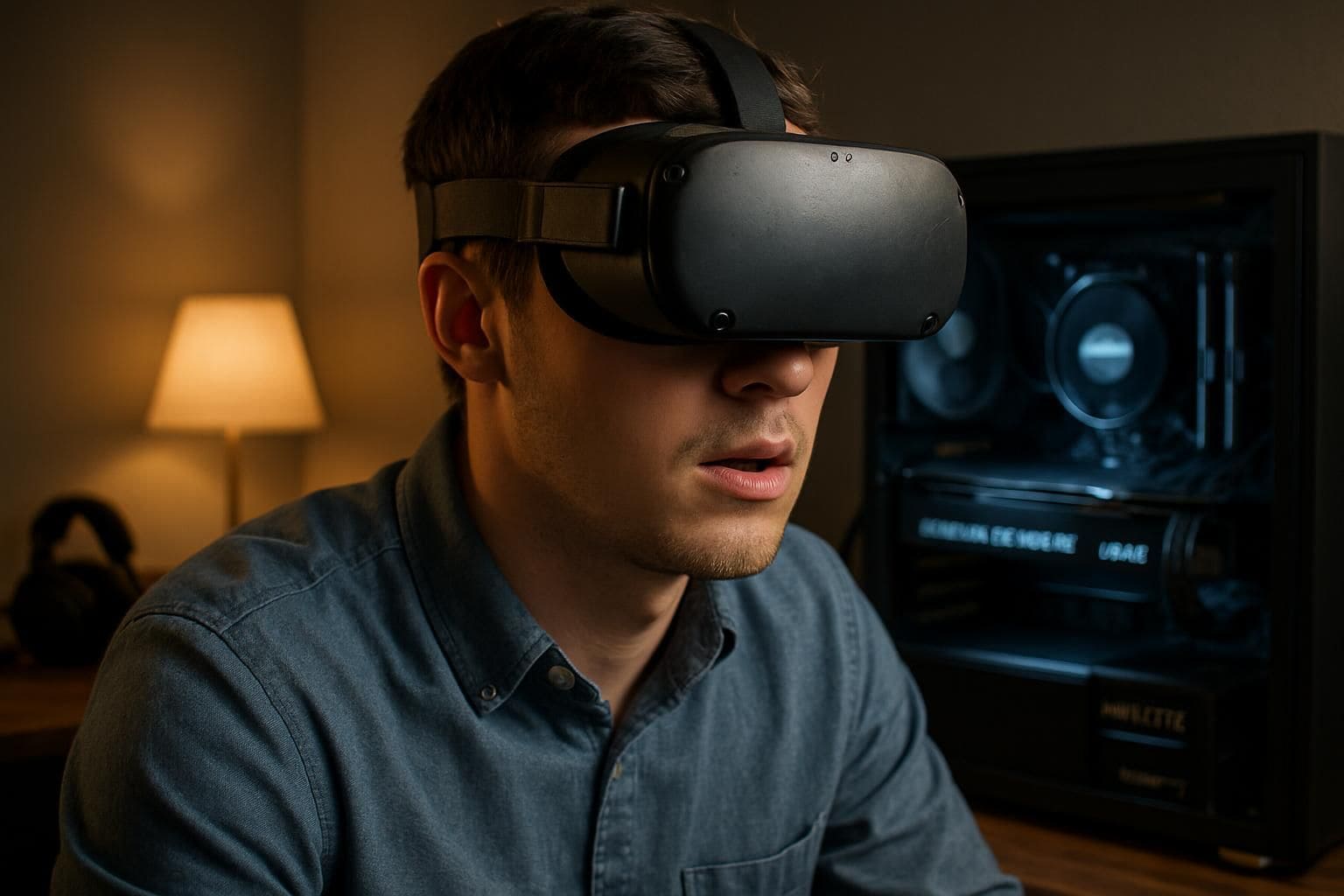 A focused young man wearing a VR headset stands in a gaming room with high-end tech setup. A focused young man wearing a VR headset stands in a gaming room with high-end tech setup.