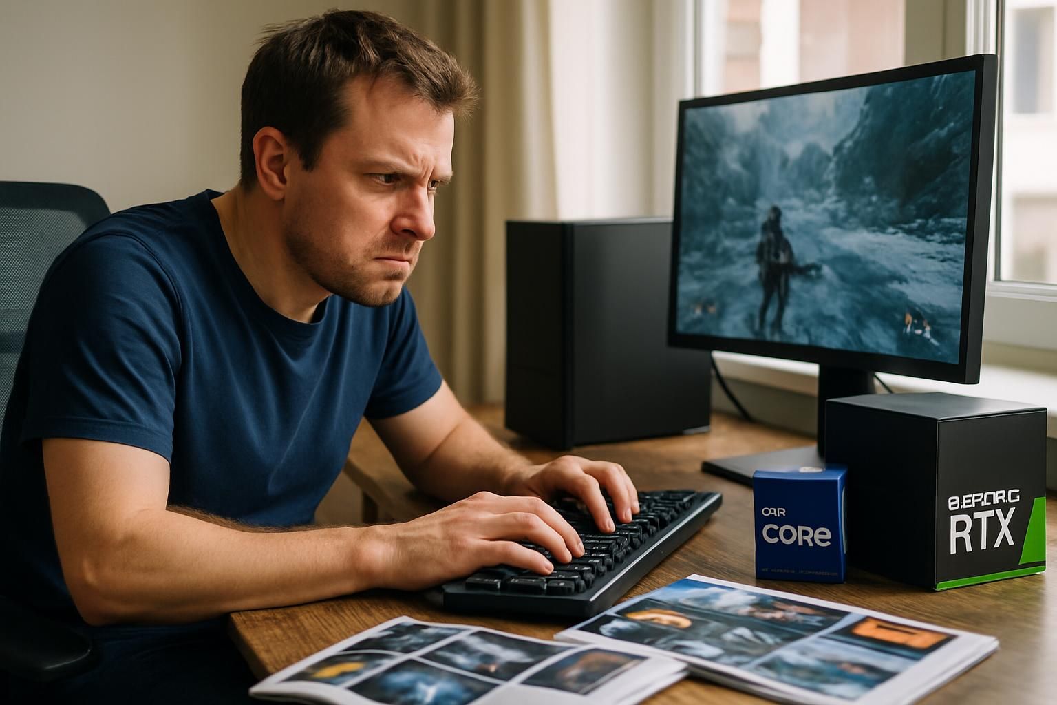 A frustrated man struggles with a lagging computer while surrounded by tech magazines and unopened computer parts. A frustrated man struggles with a lagging computer while surrounded by tech magazines and unopened computer parts.